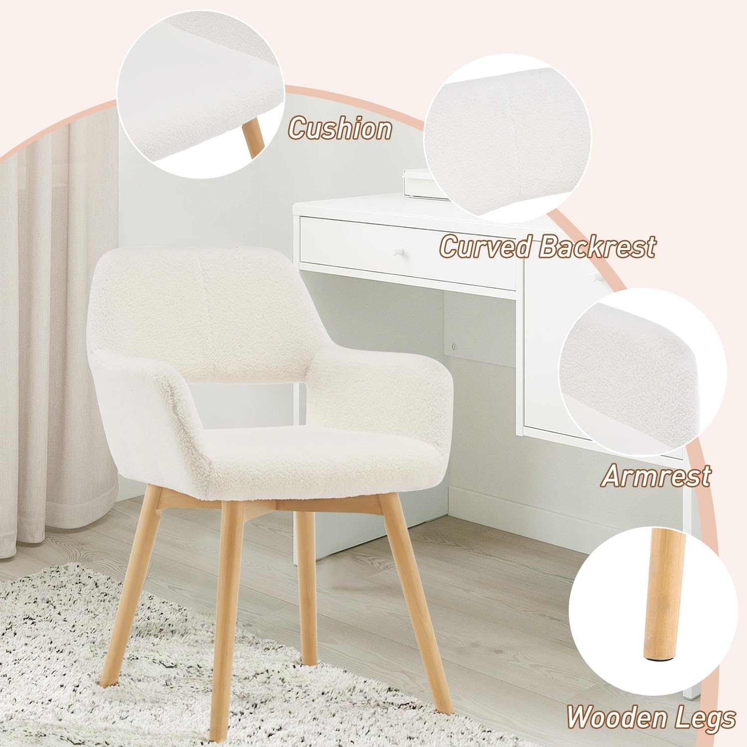Ergonomic Mid Century Modern Upholstered Arm Chair - No Wheels Vanity Makeup Accent Chair for Bedroom, Living Room, Dining Room & Home Office - Comfortable Desk Chair with Soft Fabric (Gray) - Perfect for Makeup Vanity, Reading Nook & Small Space Decor
