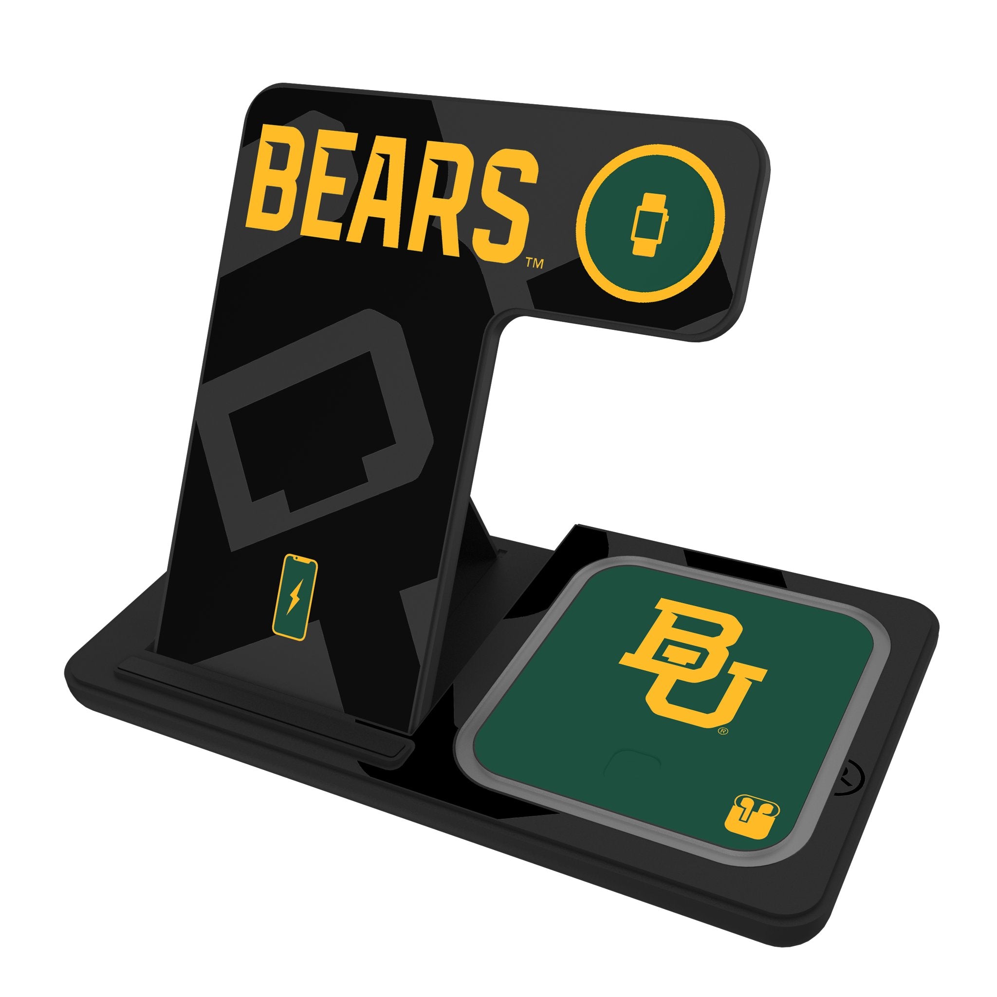 Baylor University Bears Monocolor Tilt 3-in-1 Wireless Charging Station for iPhone, Android & AirPods - Perfect for Home, Office & Travel
