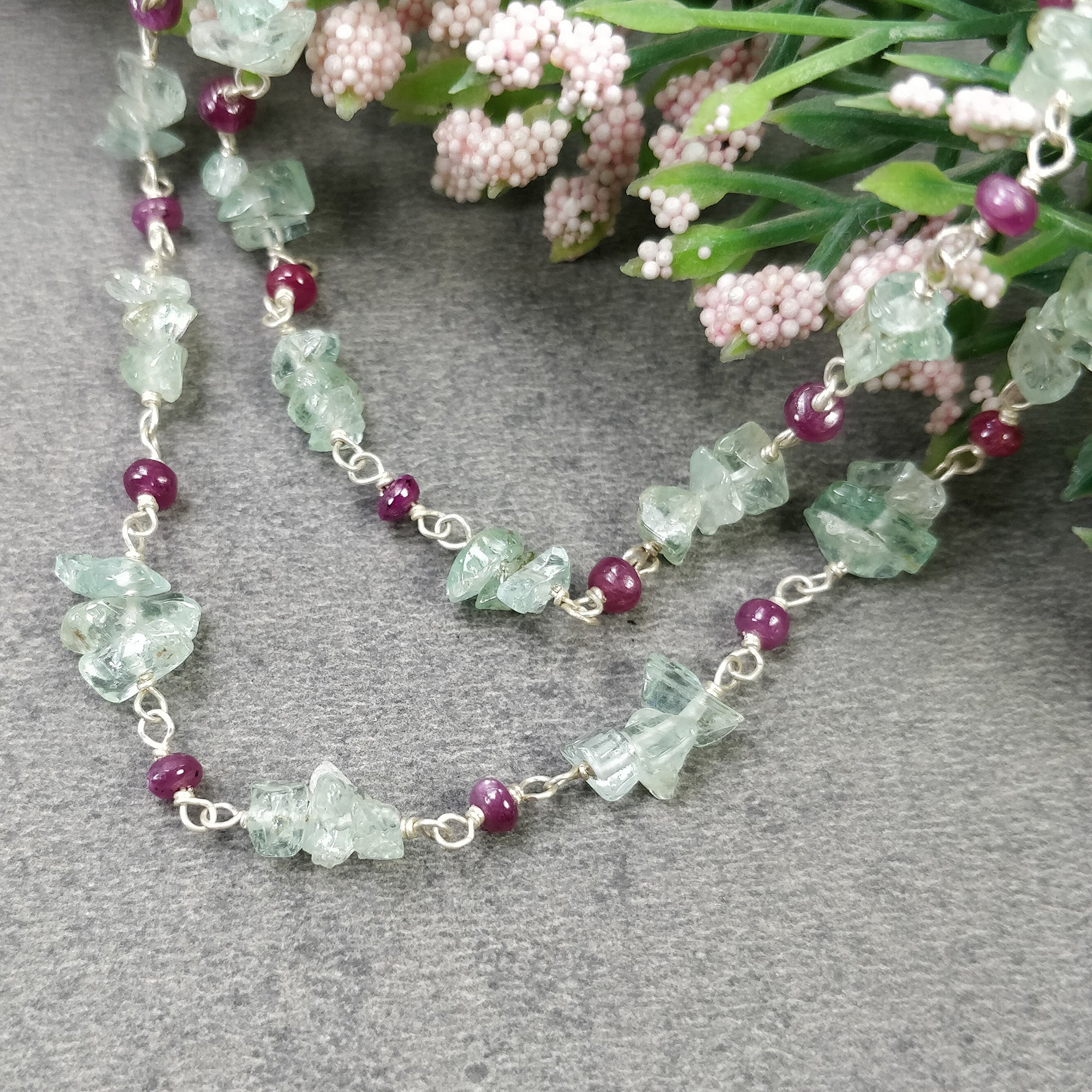 Natural Raw Uncut Emerald & Ruby Gemstone Beads 925 Sterling Silver Chain Necklace - 16 Inch Statement Jewelry Gift for Women, Perfect for Weddings, Parties & Special Occasions