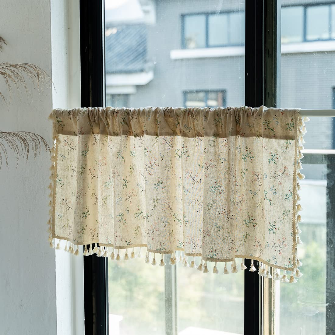 Boho Floral Printed Valance Curtains with Tassels - Cotton Linen Semi Sheer Rod Pocket Short Kitchen Cafe Curtains - 1 Panel (52