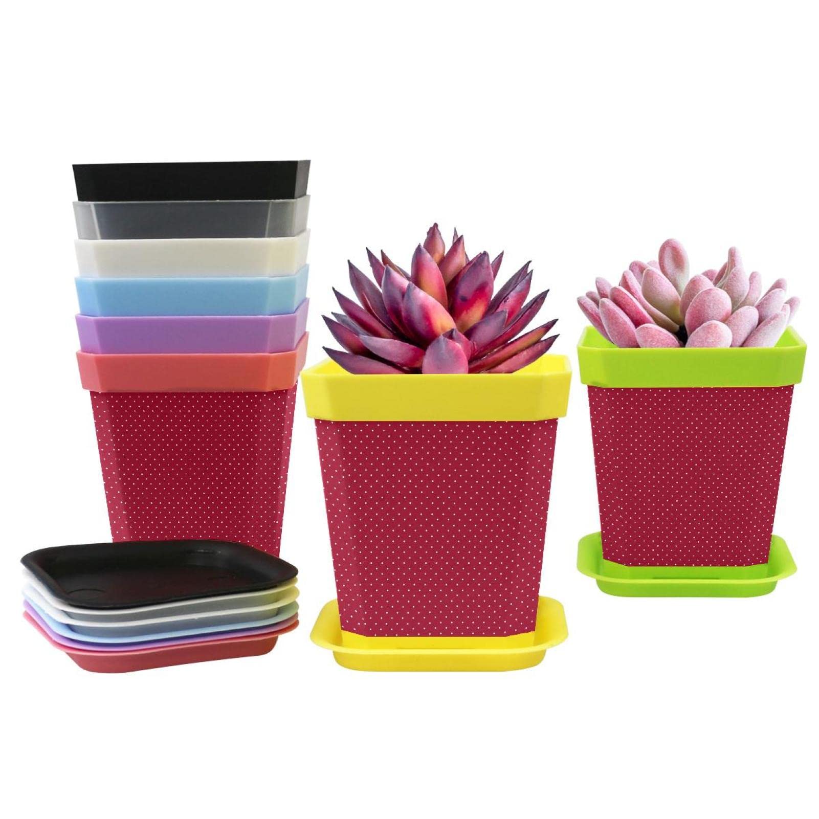LAIYUHUA 8-Pack Multicolor Mini 2.75 Inch Plastic Succulent Pots with Drainage Hole & Tray - White Dots on Red Design for Indoor Plants, Home Decor, Office Desk, and Garden Arrangements