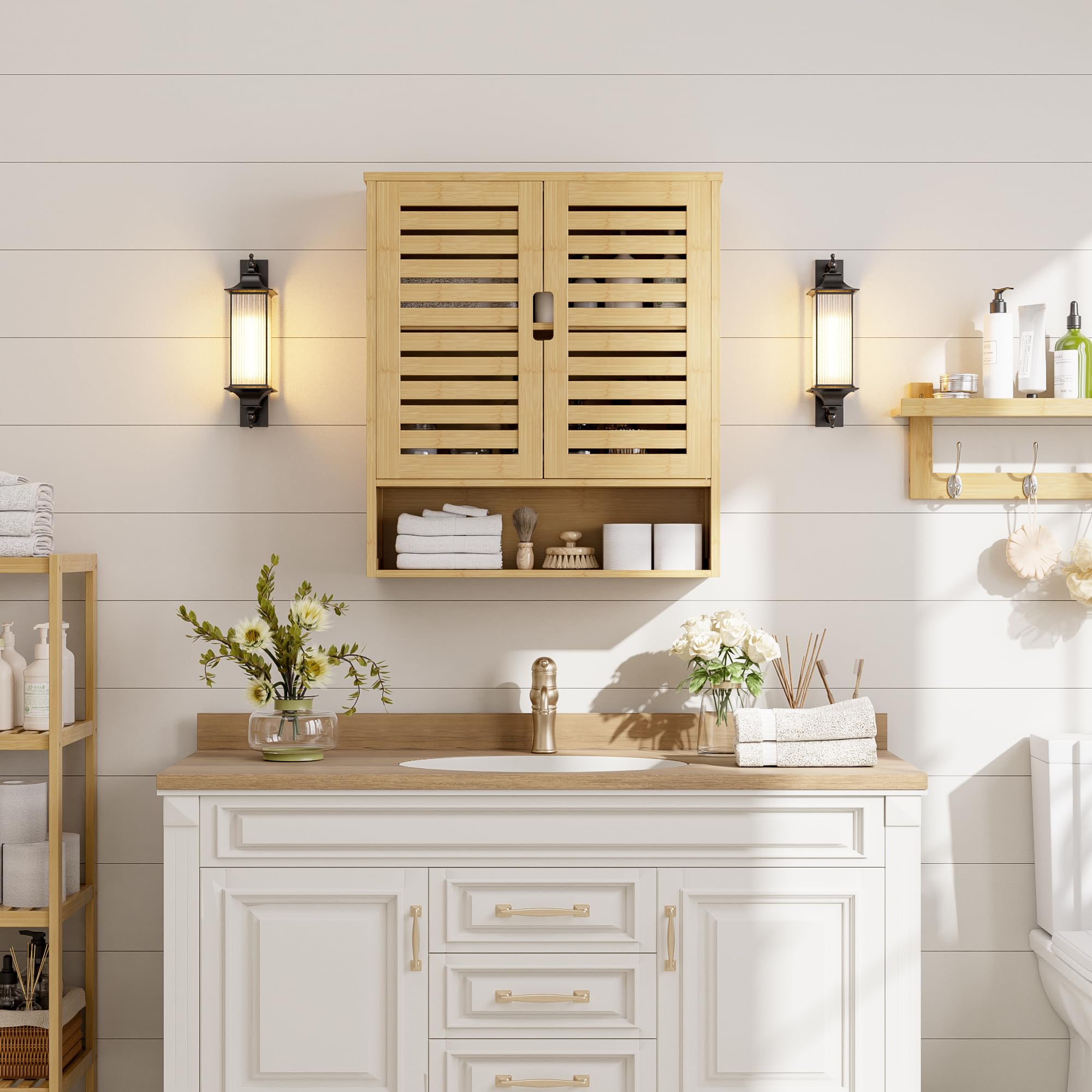 SMIBUY Wall Mounted Bamboo Bathroom Cabinet - Over The Toilet Storage Organizer with 2 Doors & Adjustable Shelves - Space Saving Medicine Cabinet (Natural) - Perfect for Small Bathrooms, Apartments & Vanity Organization