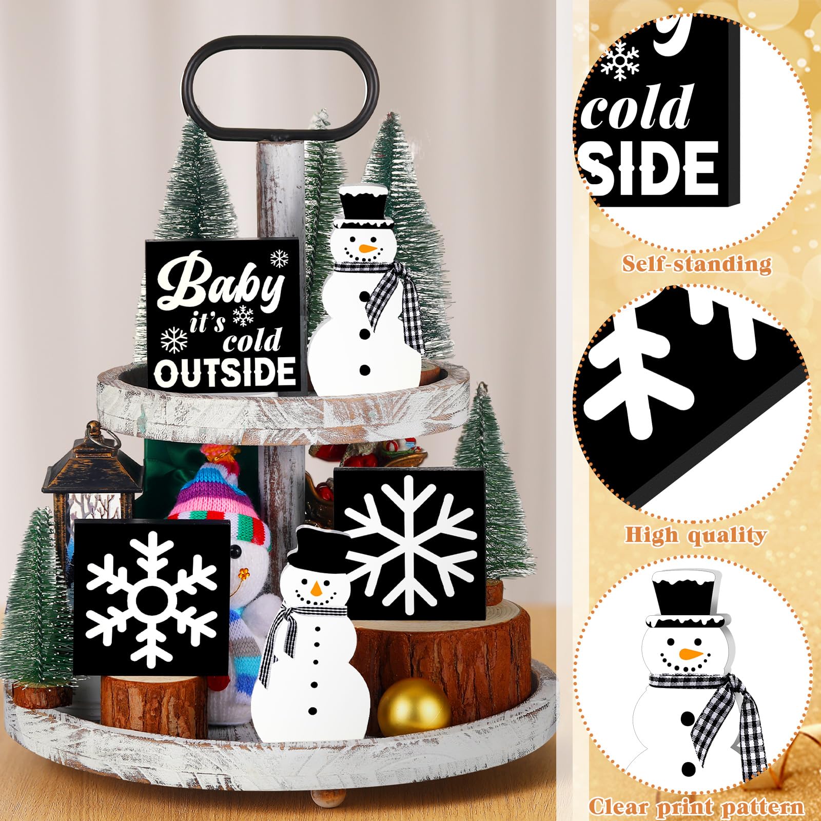 Soaoo 5-Piece Winter Farmhouse Decor Set - Snowman Tiered Tray Decor with Wooden Signs for Holiday Shelf, Kitchen, Coffee Bar & Home Table Decoration - Perfect for Christmas Gifts & Winter Home Styling (Snowflake Design)