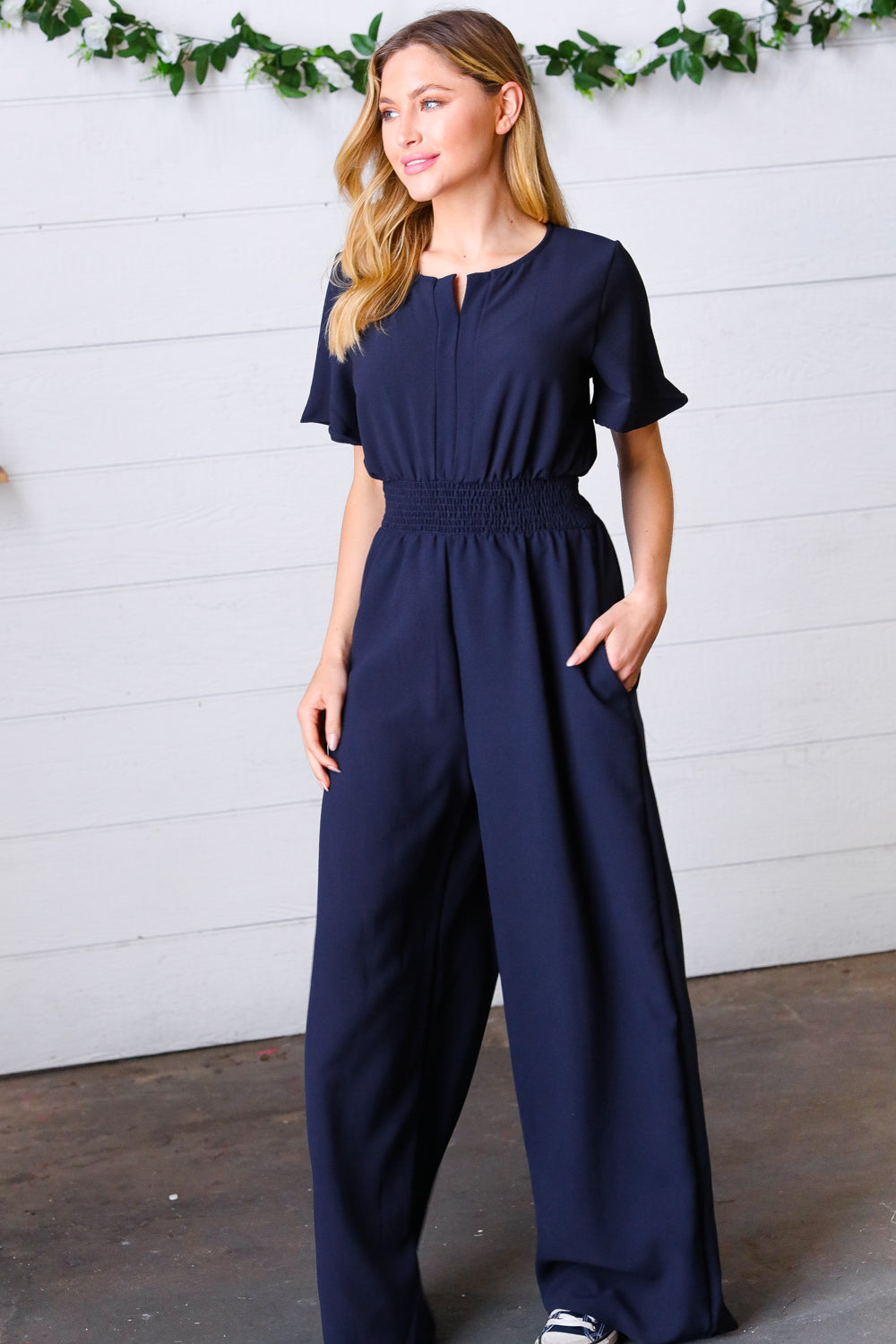 Dark Blue Smocked Waist Notch Neck Crepe Jumpsuit for Women - Elegant Party Outfit & Summer Casual Wear