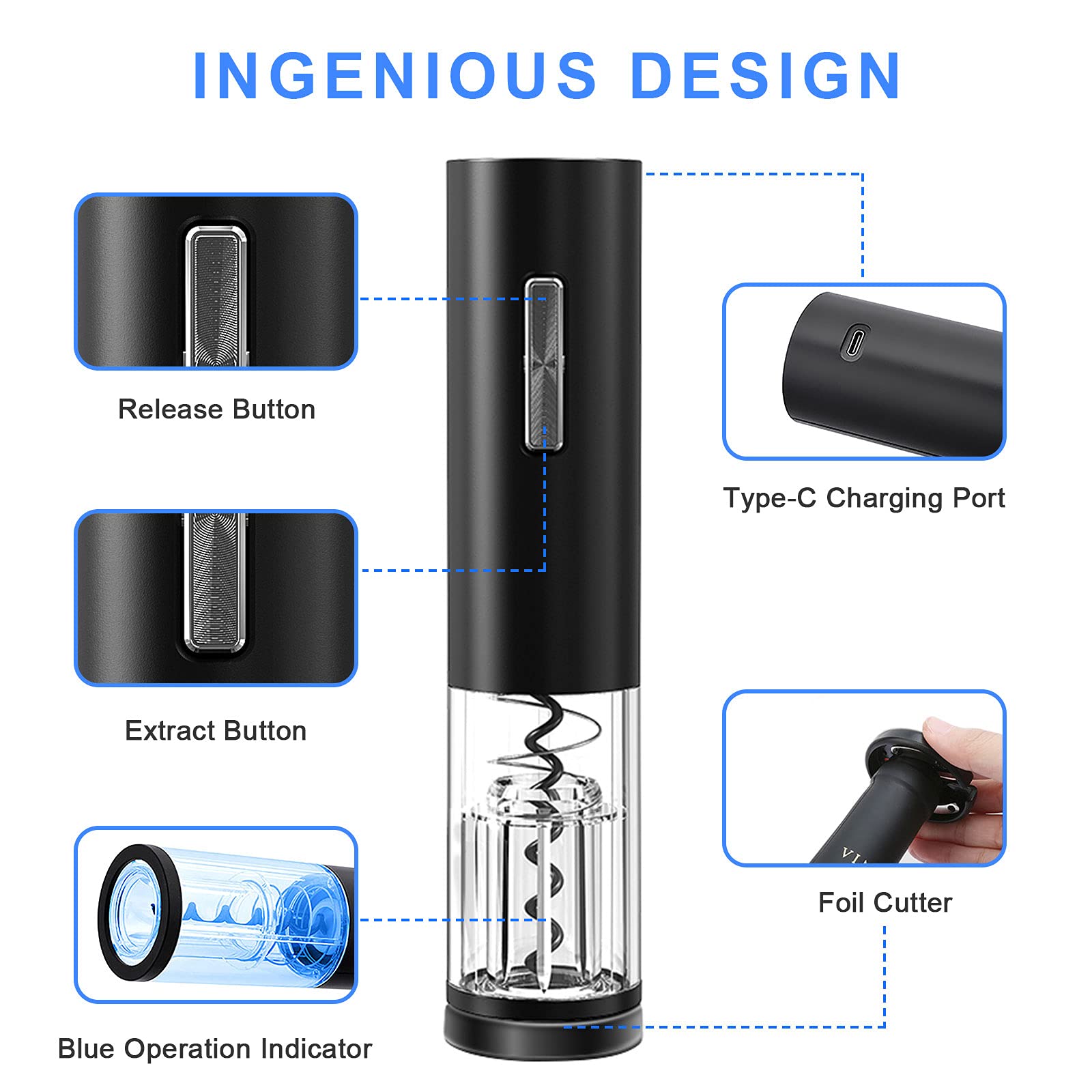 Rechargeable Electric Wine Opener Set - Automatic Cordless Wine Bottle Opener with USB Charging Cable, Foil Cutter, Vacuum Stopper & Wine Pourer | Perfect Wine Accessories Gift for Wine Lovers | Ideal for Home Bars, Dinner Parties & Wine Tasting Events