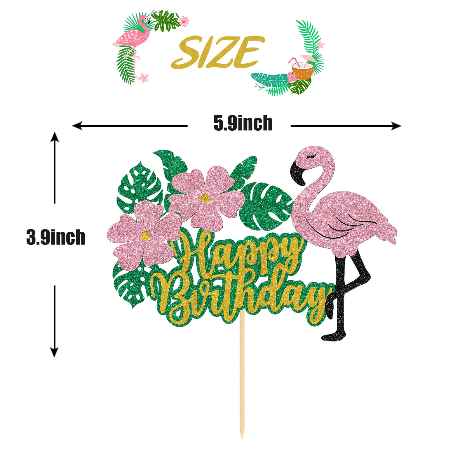 Gold Glitter Flamingo Cake Topper - Happy Birthday Party Decorations for Girls, Tropical Hawaii Theme with Leaf Design - Perfect for Kids Birthday Cakes, Baby Showers & Themed Celebrations