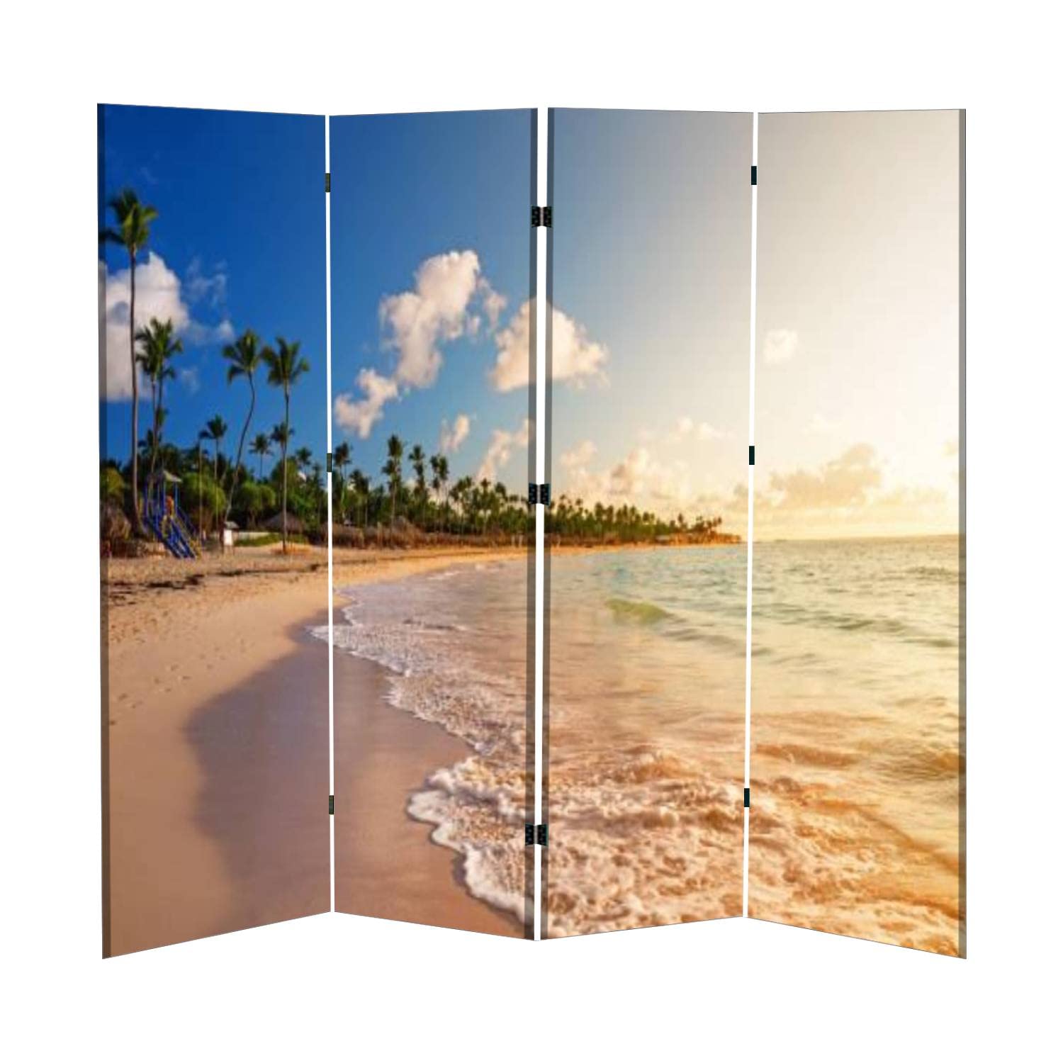 Portable 4-Panel Folding Room Divider - Coconut Palm Tree Sunset Design for Privacy, Home Office & Bedroom | Freestanding Screen for Room Separation & Decoration