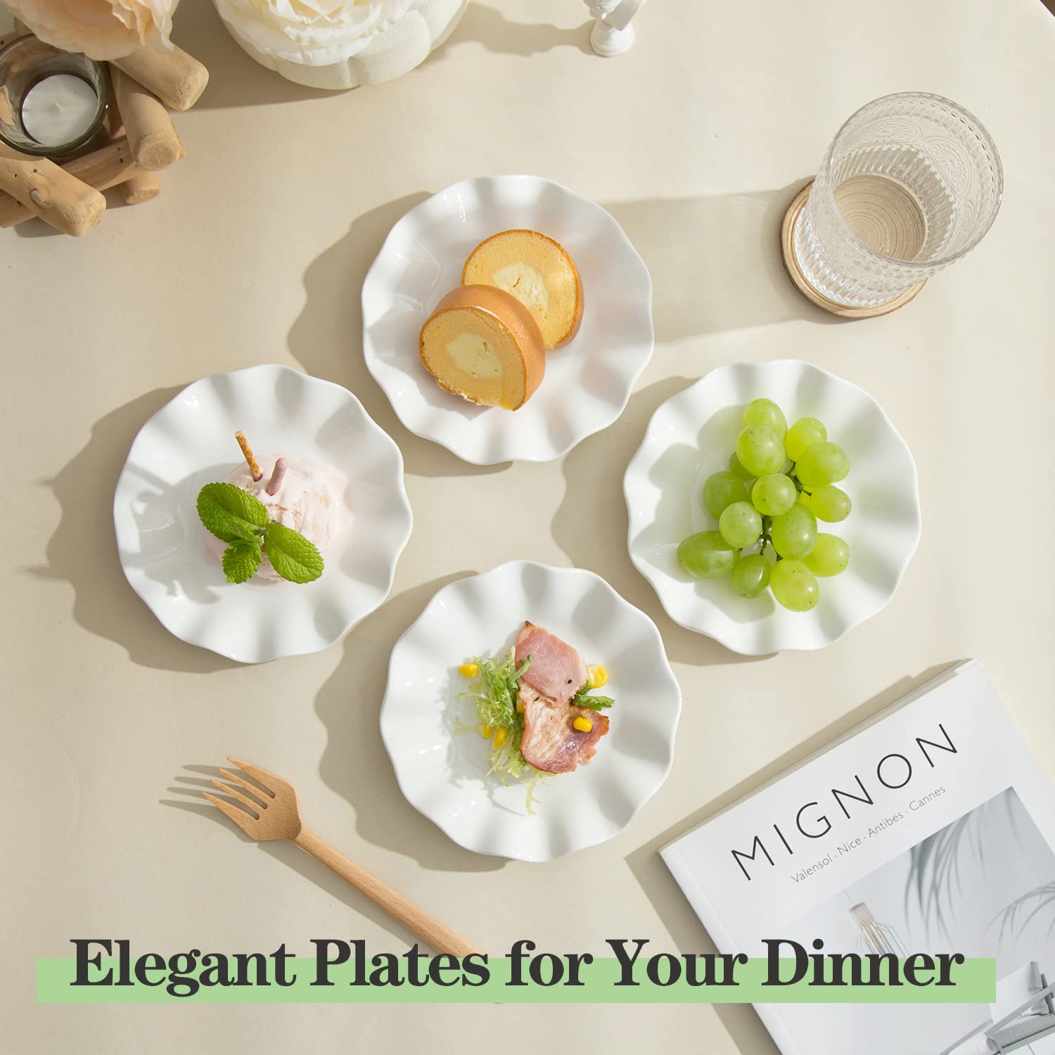 6 Inch Porcelain Appetizer Plates Set of 18 - Small Dinner Plates & Dessert Salad Dishes with White Wave Rim - Microwave, Oven & Dishwasher Safe - Perfect for Cake, Snack, Ice Cream, Waffles, Parties & Home Entertaining