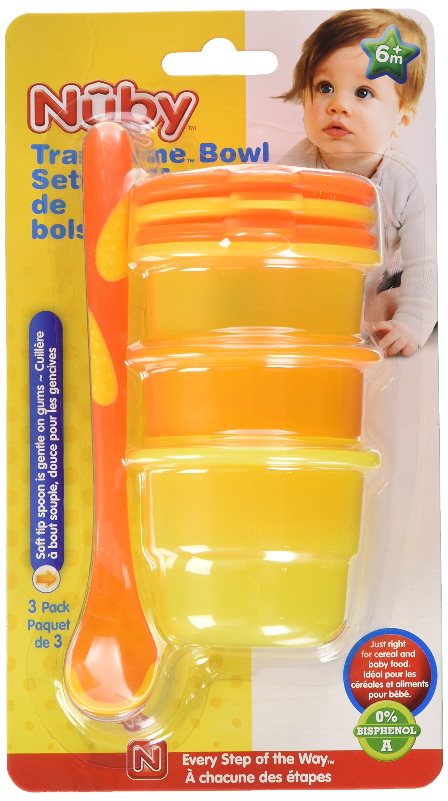 Nuby 535390YO Microwave Safe Bowl and Spoon Set (3-Pack) - Yellow & Orange - Fun Feeding Toys for Toddlers & Kids - Perfect for Pretend Play, Learning & Mealtime