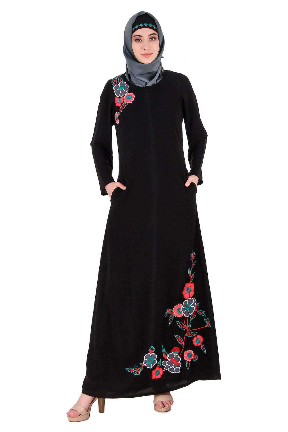 Elegant Floral Patchwork A-Line Abaya Dress for Women - Modest Islamic Fashion for Prayer, Eid, and Special Occasions