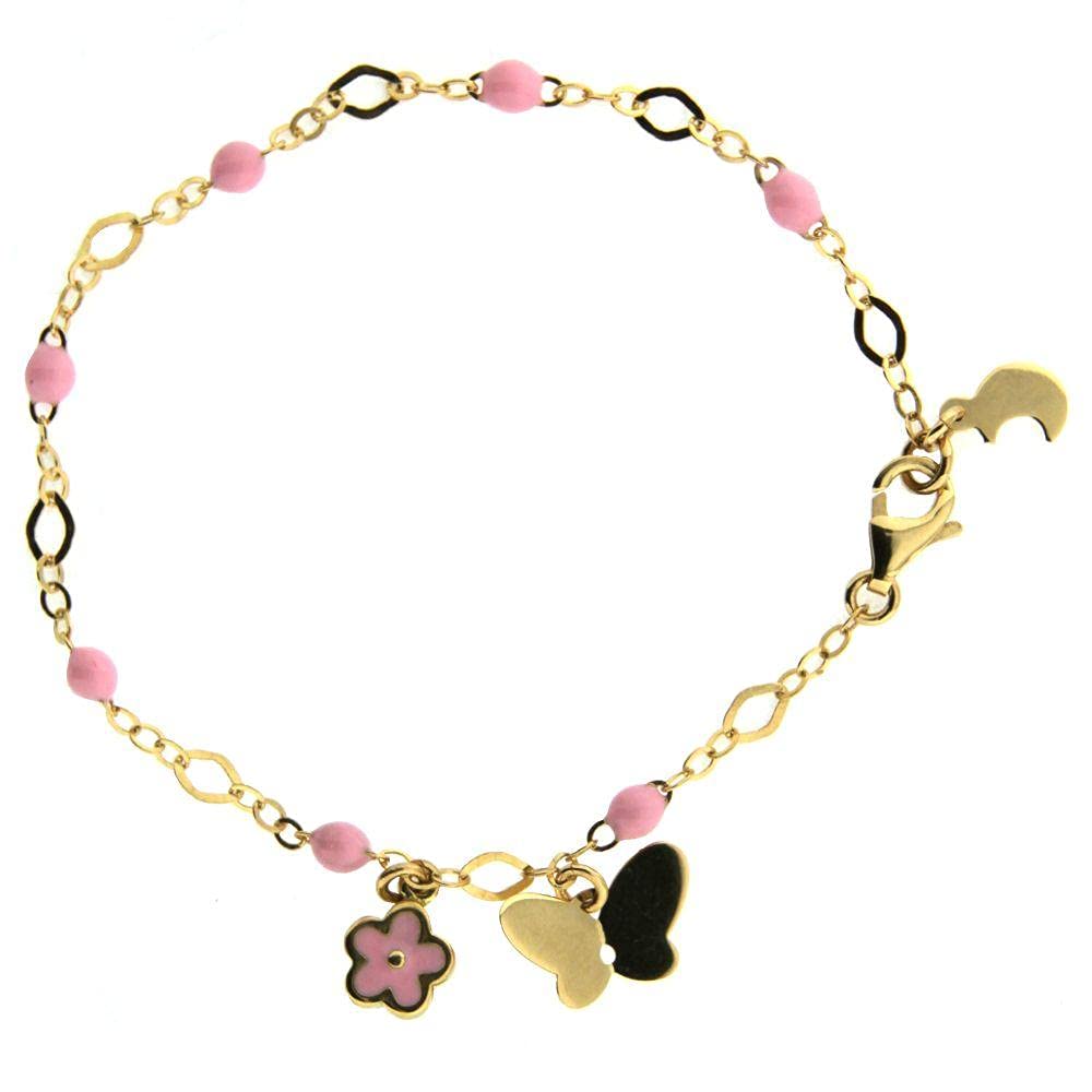 18K Yellow Gold Pink Enamel Beaded Bracelet with Butterfly & Floral Pendant - Adjustable 6-6.5 Inch for Women | Elegant Gift for Valentine's Day, Anniversary & Special Occasions