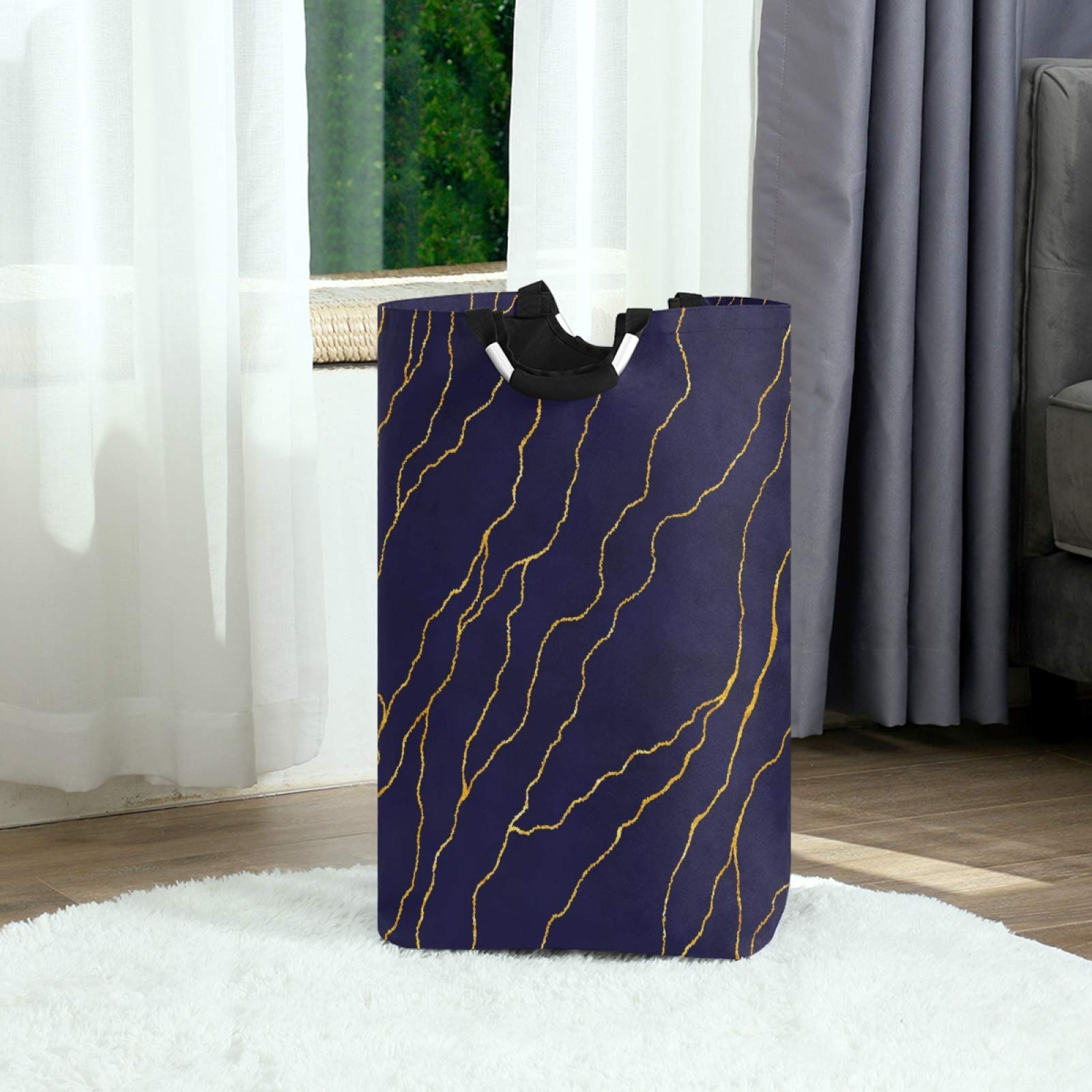 Susiyo Collapsible Laundry Hamper - Foldable Navy Blue Clothes Basket with Gold Foil Lines & Handles, Large Storage Organizer for Kids Room, Bathroom, Toy Bin | Perfect for Laundry, Clothes Storage & Home Organization