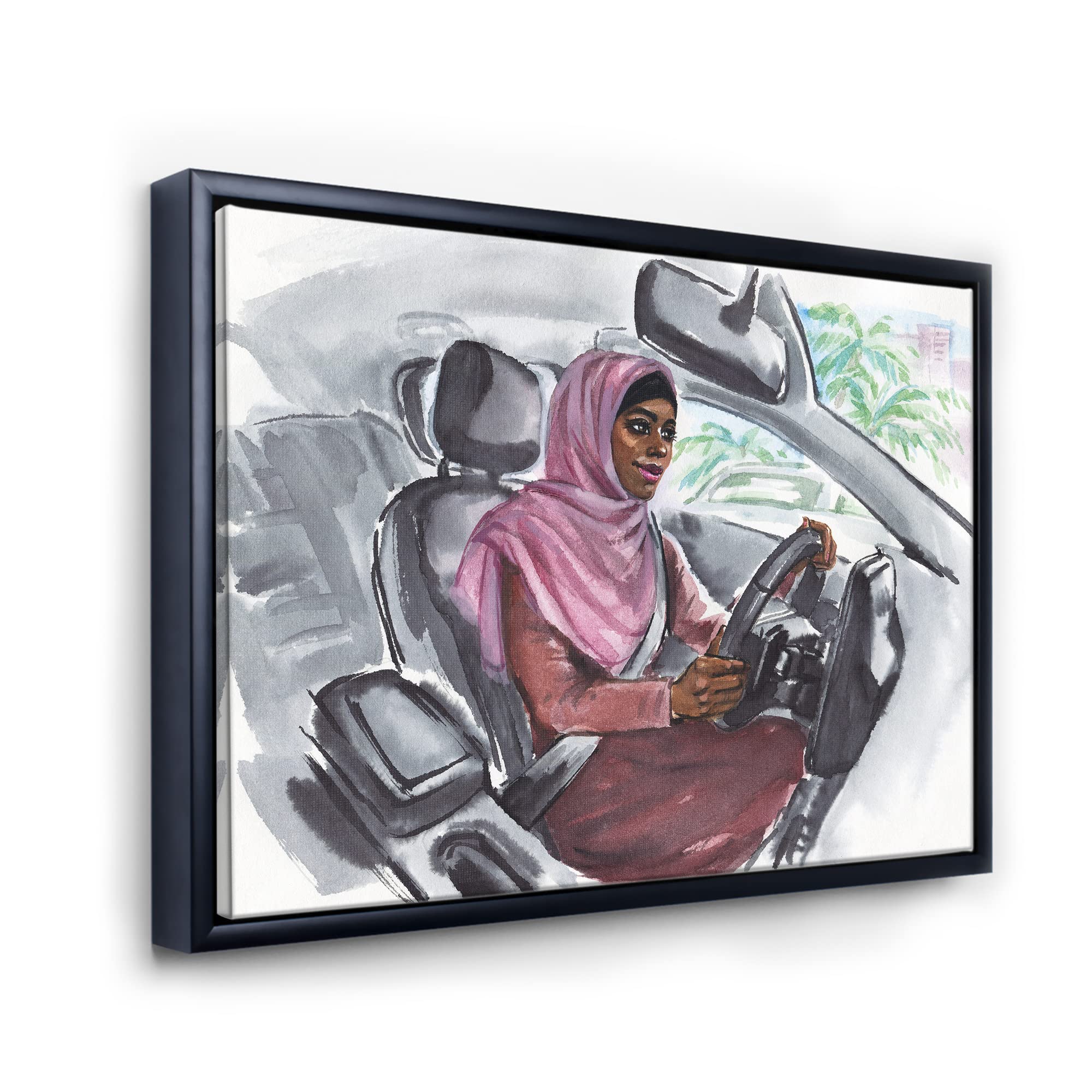 Arabian Woman Driving Car III - Modern Framed Canvas Wall Art Print for Living Room, Bedroom & Office Decor