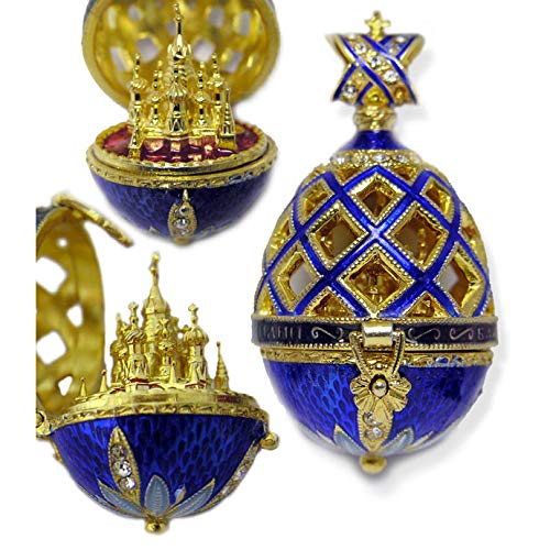 Religious Russian Enamel 925 Sterling Silver Egg Pendant Necklace - Gold Plated Blue Enamel Orthodox Christian Jewelry Gift for Baptism, Easter & Special Occasions