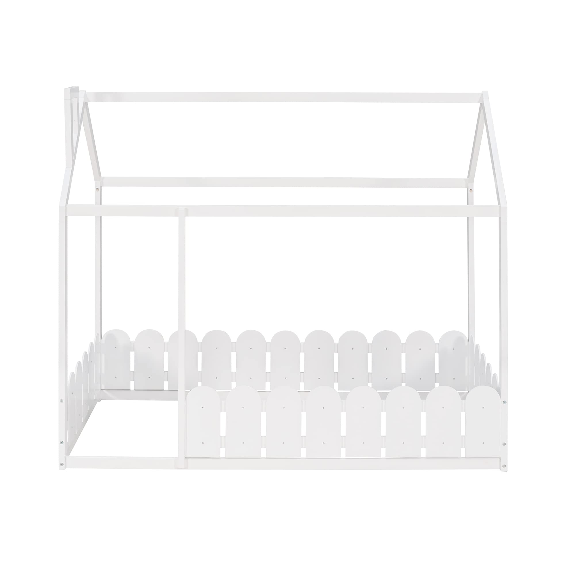 LZ LEISURE ZONE Twin House Bed Frame - Wooden Low Profile Floor Bed with Roof & Fence - White Twin Size Kids Bed for Playroom, Nursery or Bedroom - Perfect Montessori Style Toddler Bed for Safe Sleep & Play