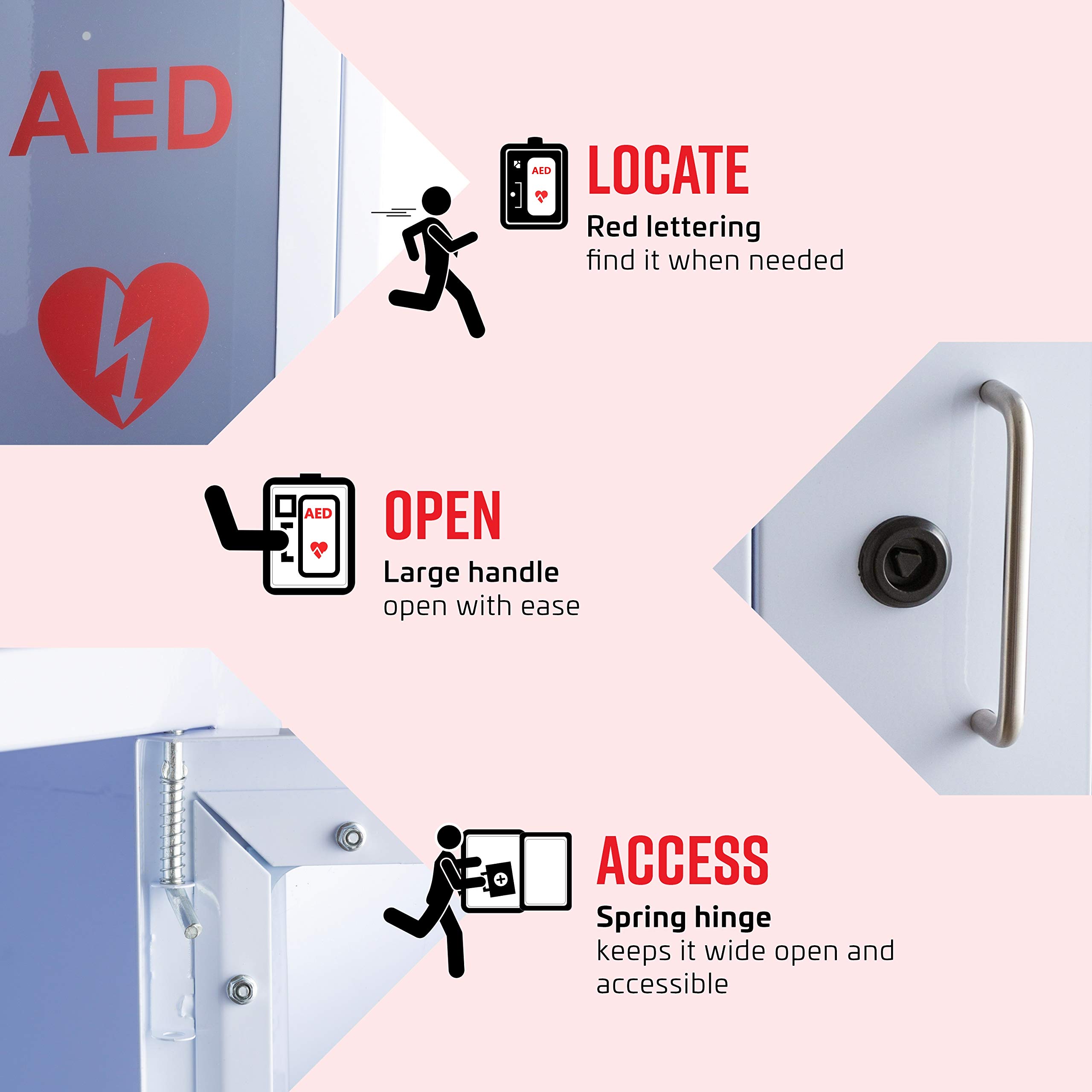 Stainless Steel AED Cabinet - 14 x 8 x 15.5 Inch Wall Mount Defibrillator Storage with Emergency Strobe Light & Alarm | Compact Surface Mount Medical Cabinet for Hospitals, Schools & Public Spaces