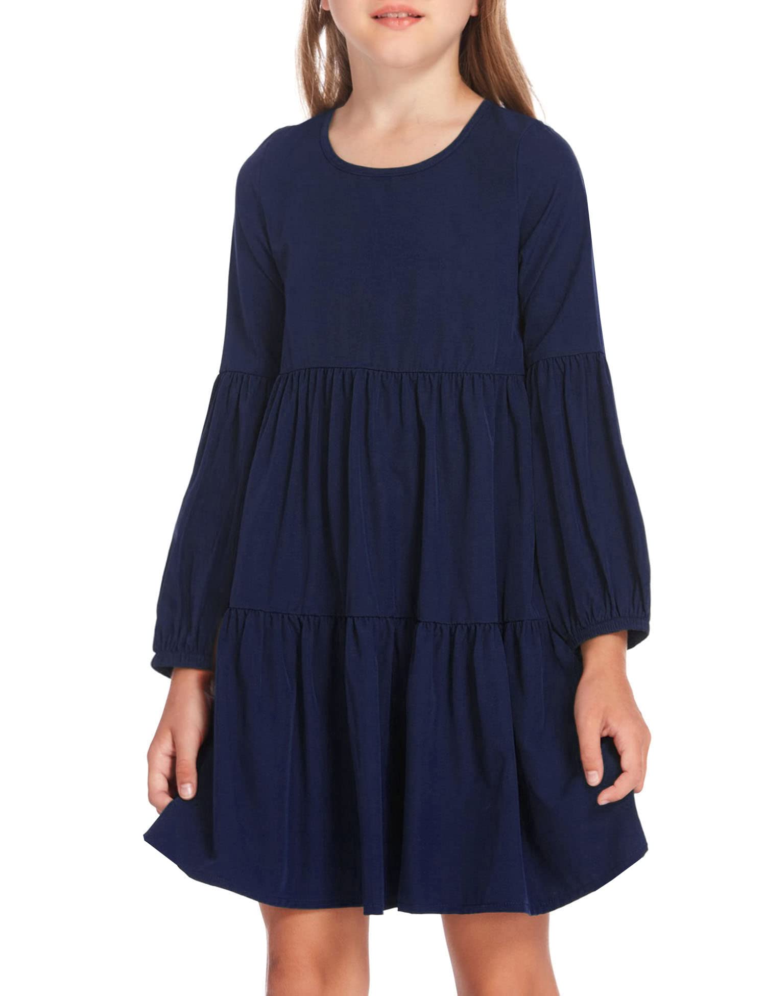 Arshiner Girls Long Sleeve Flowy Swing Dress with Ruffle Hem - Elegant Lantern Sleeve Tunic for Parties, School & Special Occasions