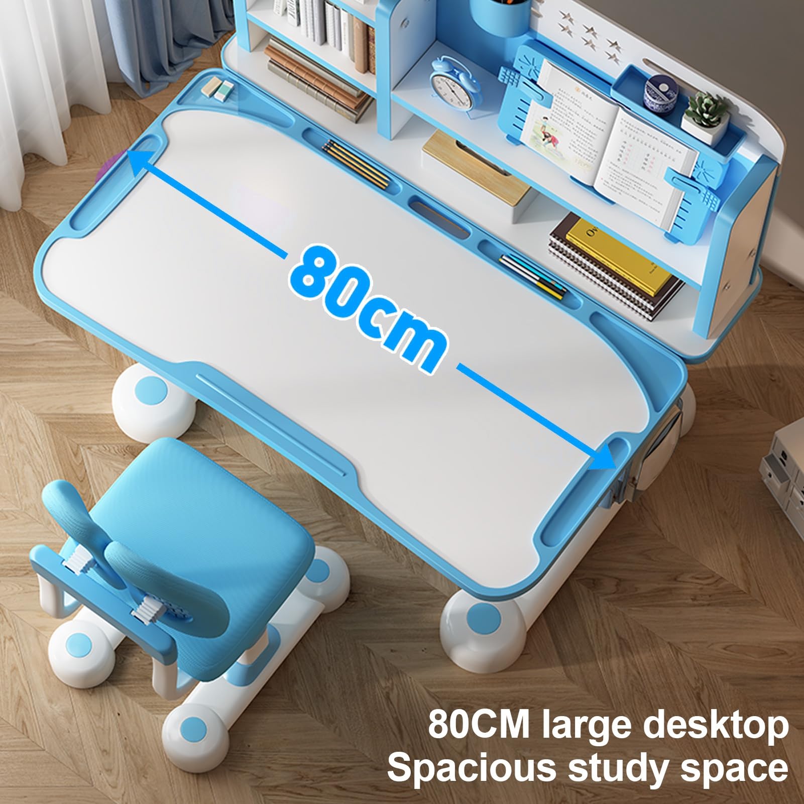 Adjustable Kids Desk and Chair Set - Ergonomic Study Table with Book Stand & Foot Pedal for Children - Blue Height-Adjustable Student Desk for Home Schooling, Online Learning & Homework Station