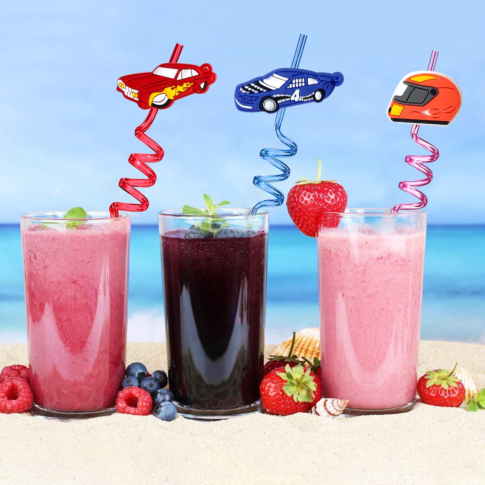 24 Pack Race Car Themed Reusable Straws - BPA Free Plastic Drinking Straws for Kids Birthday Parties, Sports Events & Decorations - Includes 2 Cleaning Brushes for Easy Maintenance - Perfect for Juice, Smoothies & Cocktails