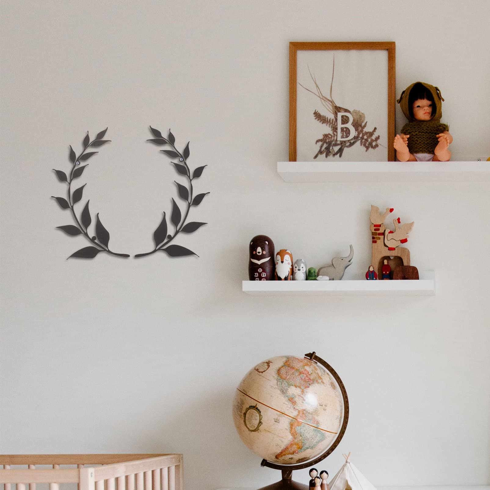 2pcs Black Metal Leaf Wall Art - Olive Branch Decor for Bedroom & Living Room