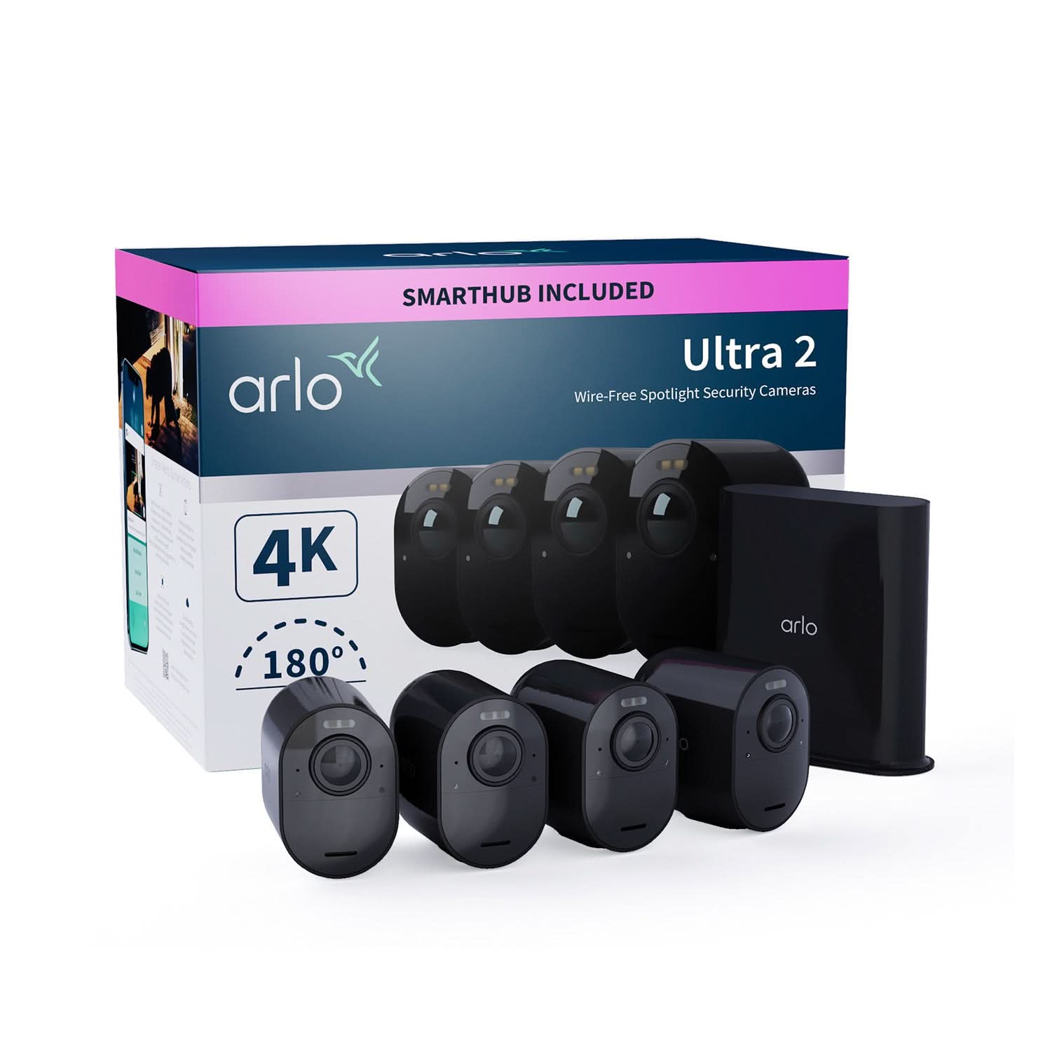 Arlo Ultra 2 Outdoor Security Camera 4-Pack (Black) - Weatherproof Wireless HD Video Surveillance for Home & Business Security
