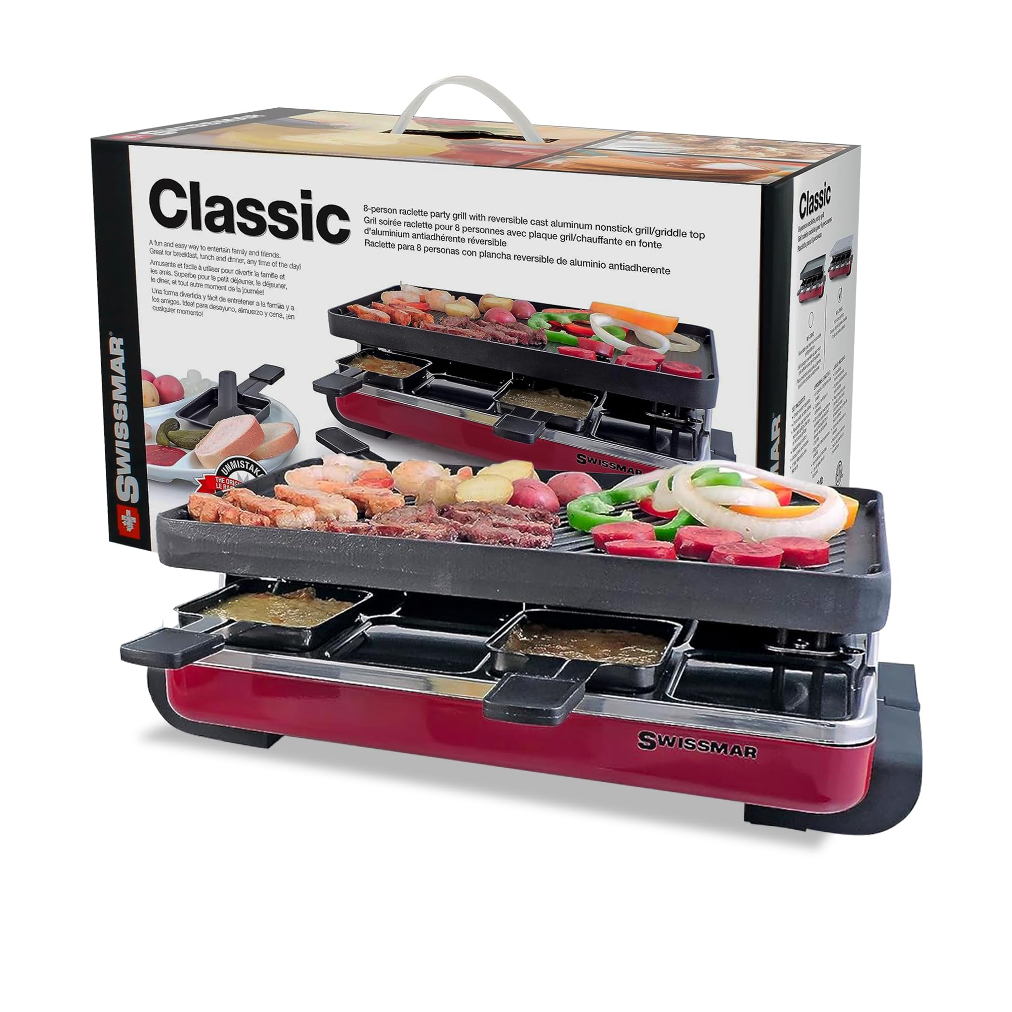 Swissmar Classic 8-Person Electric Raclette Grill with Reversible Cast Iron Grill Plate & Crepe Top - Indoor Party Grill for Family Gatherings & Holiday Entertaining - Red