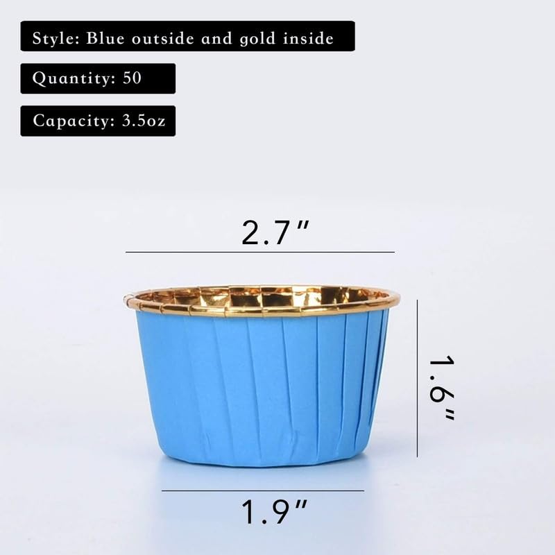 Premium Expandable Muffin Cupcake Liners - Blue Exterior & Gold Interior, Medium Size (50-Pack) | Perfect for Baking, Party Decorations & Gift Packaging