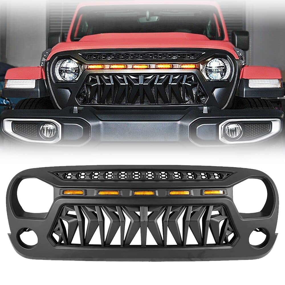 Shark Grille Mesh Front Grill for Jeep Wrangler JK & JKU (2007-2018) - Compatible with Unlimited, Rubicon, Sahara & Sport Models - Includes Amber LED Lights | Off-Road & Street Legal Upgrade