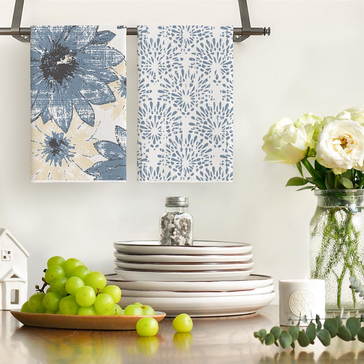 Artoid Mode Blue Floral Leaves Boho Kitchen Towels - Set of 4 (18x26 Inch) | Absorbent Dish Towels & Decorative Hand Towels for Farmhouse, Rustic & Bohemian Kitchens | Perfect for Drying Dishes, Decor & Seasonal Home Styling