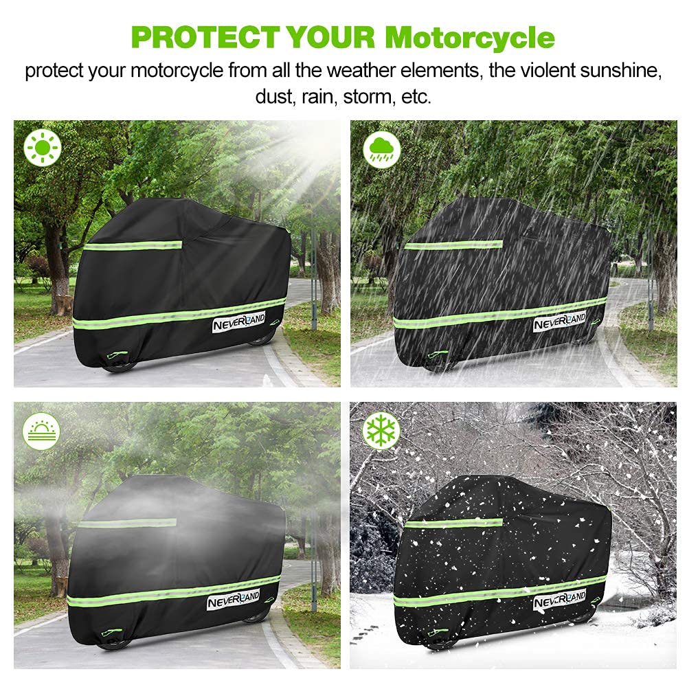 NEVERLAND Heavy Duty Waterproof Motorcycle Cover - All Season Outdoor Protection with Night Reflective & Lock Holes (Fits Up to 117