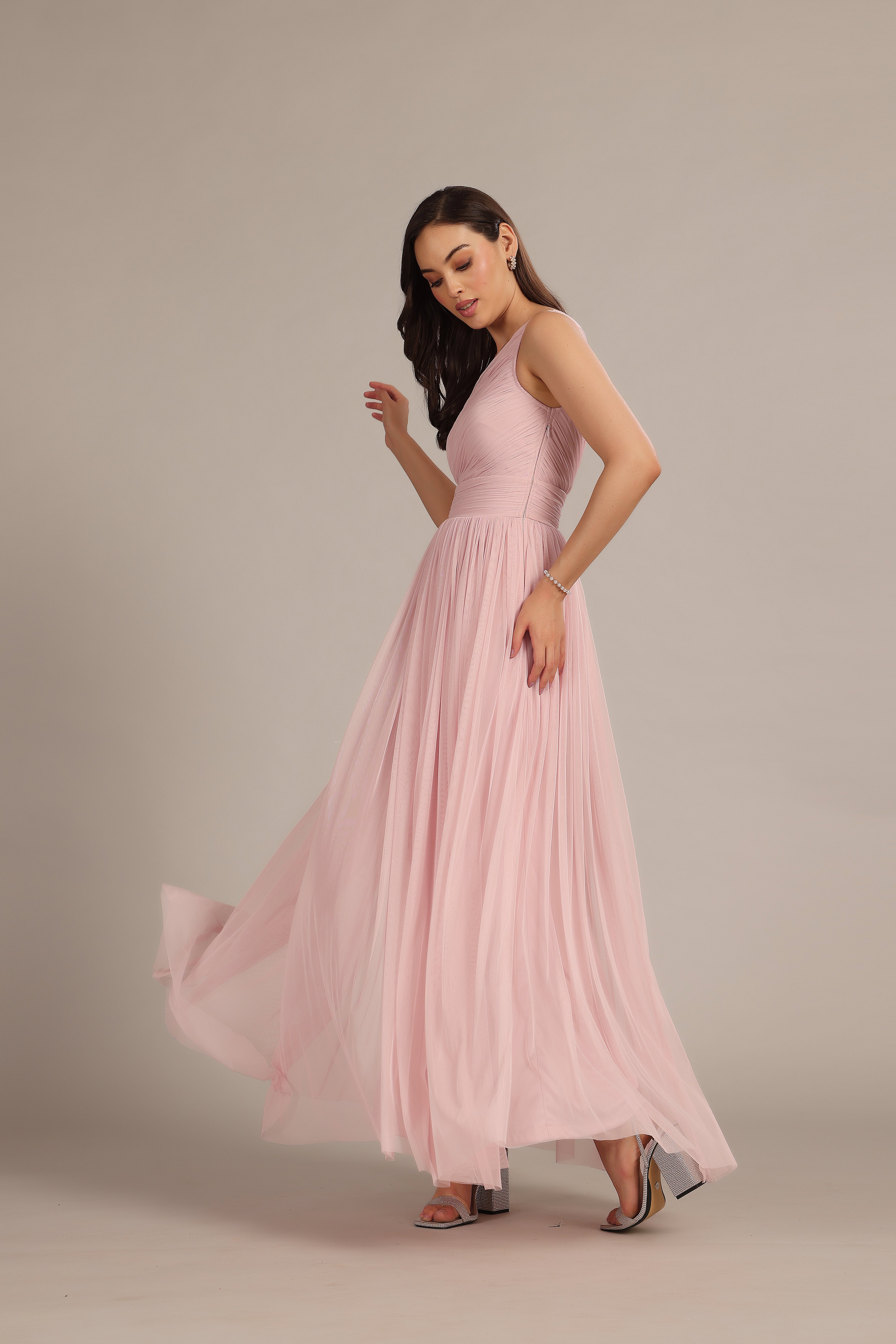 Powder Pink One Shoulder Maxi Dress for Women - Elegant Long Formal Gown for Weddings, Parties & Evening Events