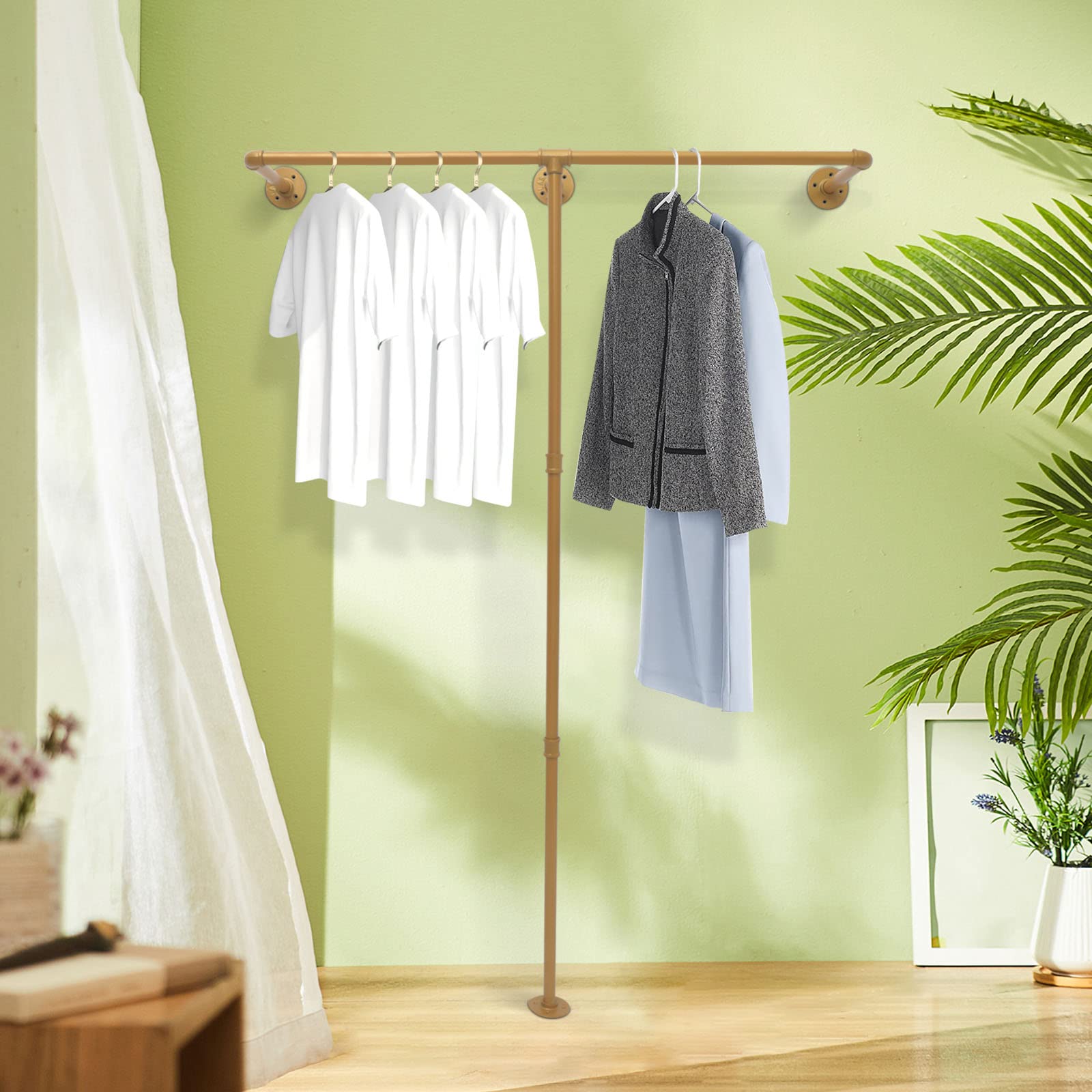 Heavy Duty Wall Mounted Industrial Pipe Clothes Rack - Gold Garment Storage & Display for Home, Retail & Commercial Use | Space-Saving Towel & Clothing Organizer for Bedroom, Laundry Room & Store