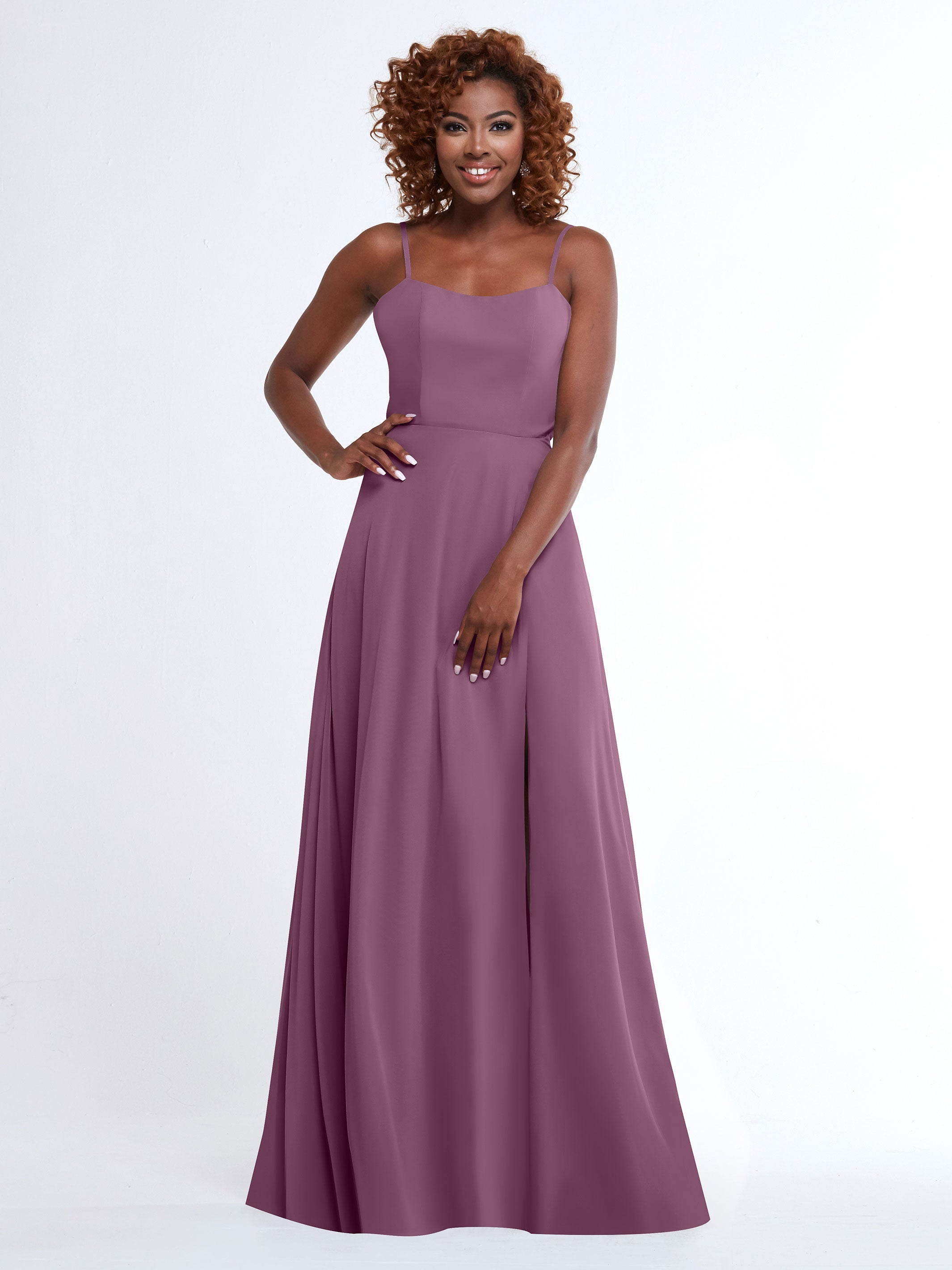 Elegant A-Line Bridesmaid Dress with Flowy Chiffon Skirt & Thigh High Slit - Perfect for Weddings, Formal Events & Special Occasions