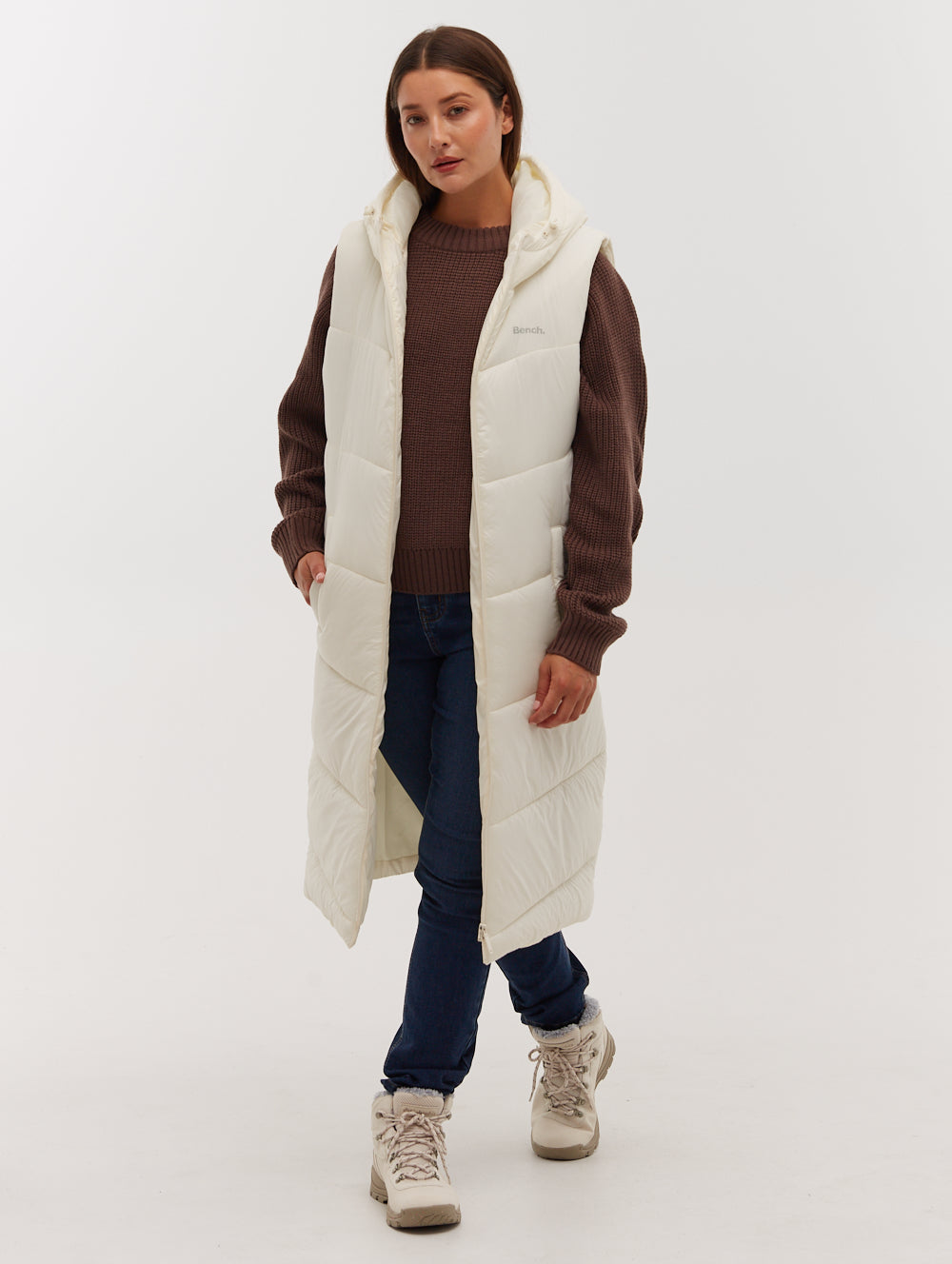 Illy Women's Longline Chevron Puffer Vest - Lightweight Quilted Down Alternative Jacket for Outdoor Hiking, Camping & Winter Fashion