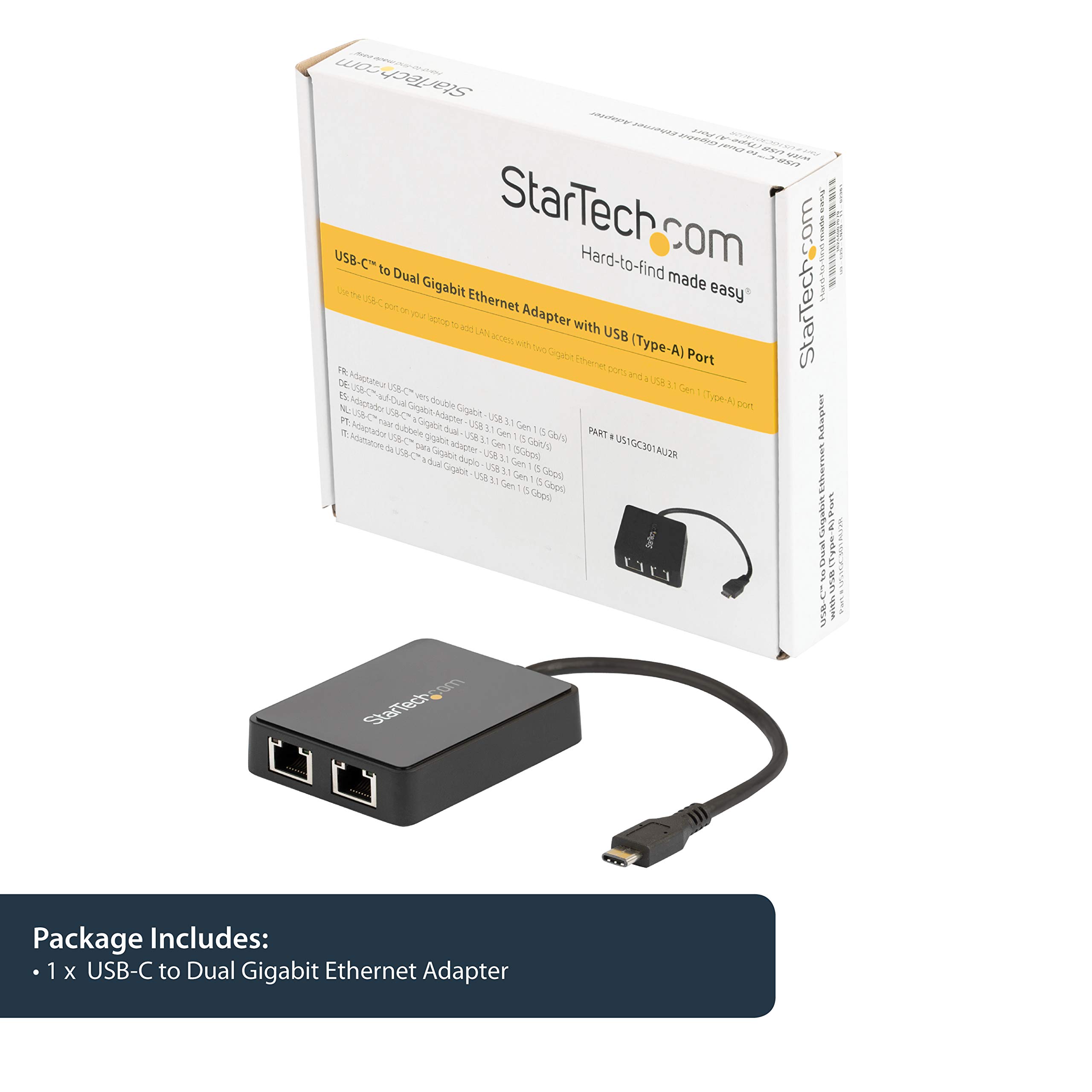 StarTech.com USB C to Dual Gigabit Ethernet Adapter with USB 3.0 Port - High Speed Network Adapter for Laptop, MacBook & PC - Perfect for Office, Gaming & Remote Work (Black)