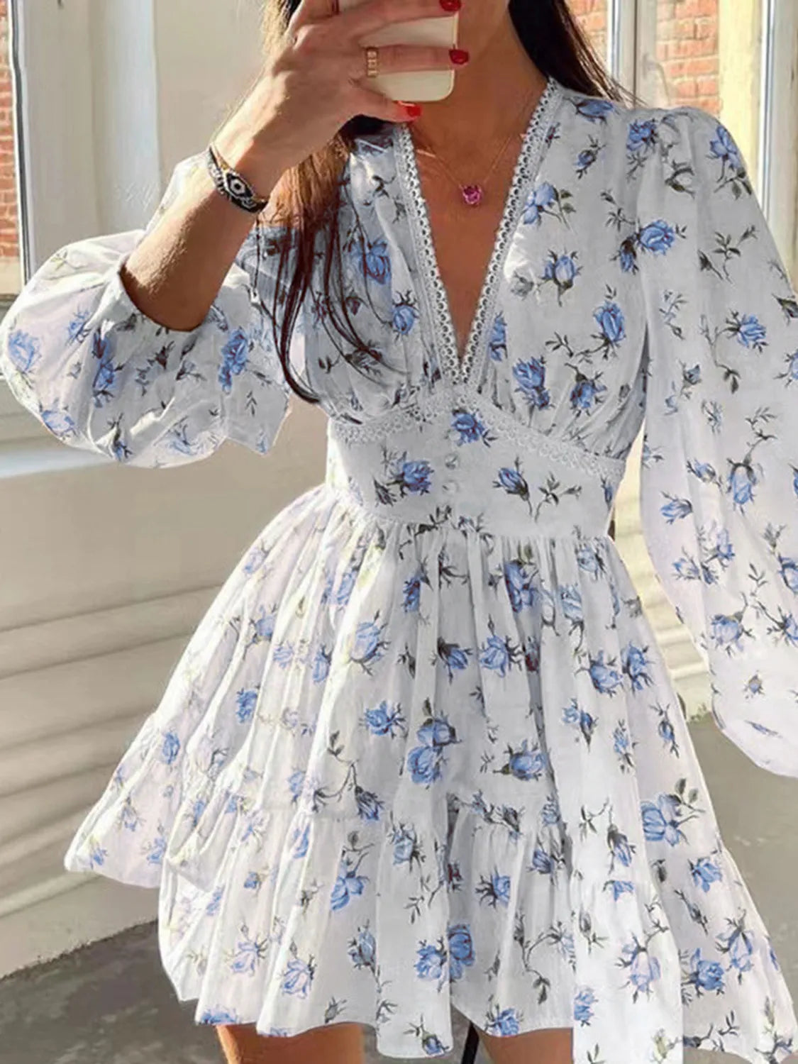 Floral Lace Balloon Sleeve Mini Dress for Women - Summer Boho Chic Party Dress for Beach, Wedding & Date Night