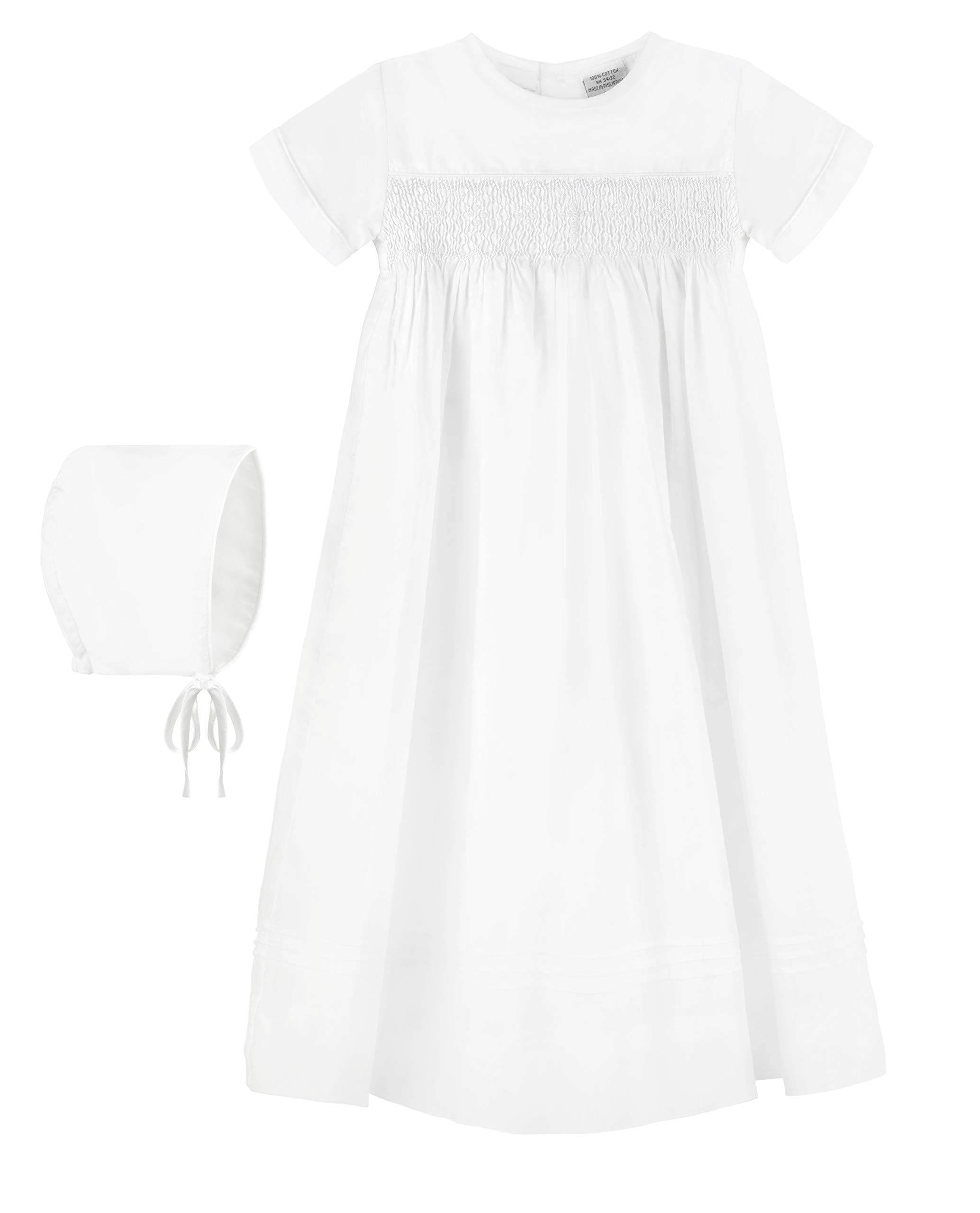 White Christening Gown for Baby - Hand-Smocked Yoke with Cross Detail, Short Sleeves & Matching Bonnet | Perfect for Baptism, First Communion & Special Occasions