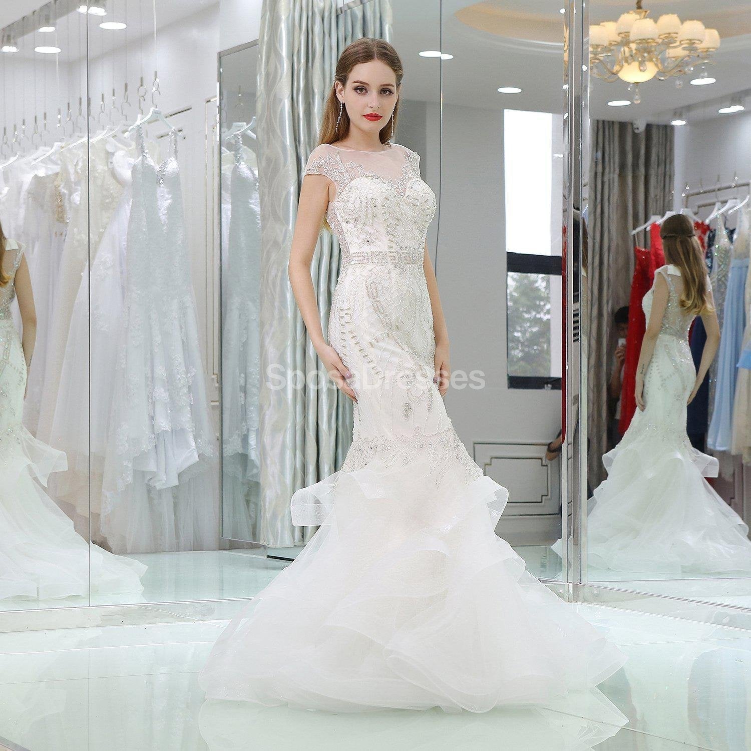 Sparkling Cap Sleeve Rhinestone Mermaid Wedding Dress - Elegant A-Line Bridal Gown for Beach/Church Ceremony (WD583) | Perfect for Romantic Outdoor Weddings & Formal Receptions