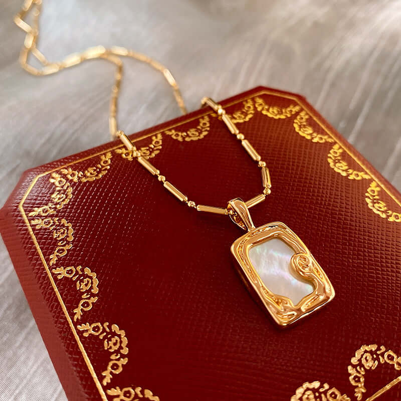 Vintage Mother of Pearl Pendant Necklace with Gold Frame | Elegant Jewelry for Women | Perfect for Weddings, Parties & Special Occasions | HN2121