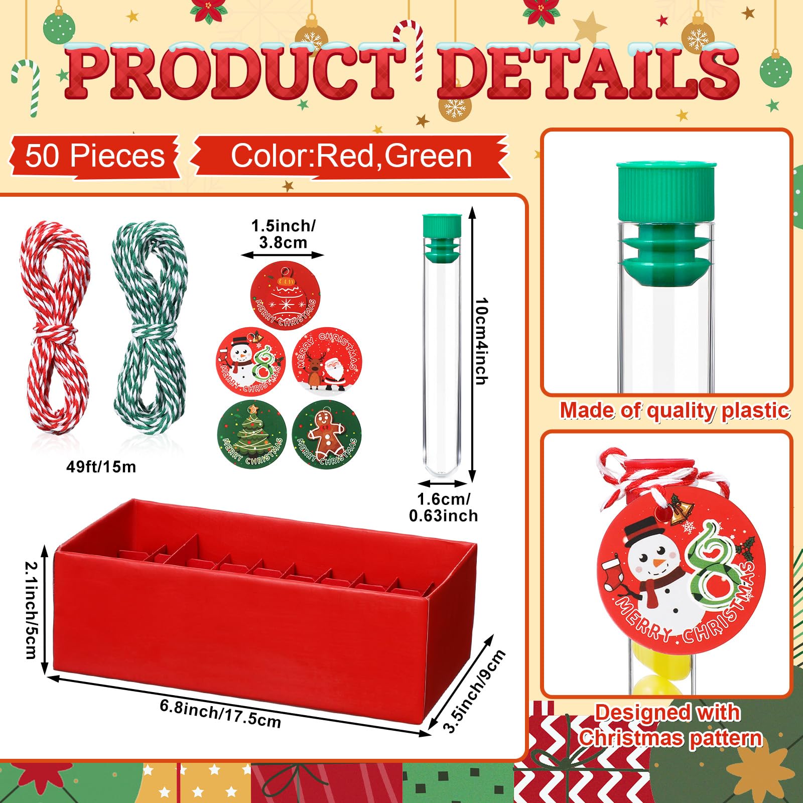 50 Pack Clear Plastic Candy Tubes 10ml - 100 x 16mm Empty Christmas Candy Containers with Stoppers for Holiday Party Favors, Stocking Stuffers & DIY Treats (Great for Christmas Gifts, Classroom Rewards & Wedding Favors)