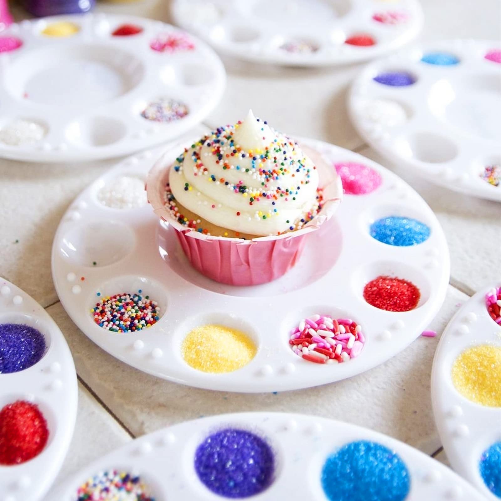 AIERSA 10-Piece Cupcake Decorating Plates Set for Kids Birthday Parties - Non-Slip Dessert Sprinkles Tray with 10 Wells - Fun Baking Supplies for Birthday Cakes, Cupcakes & Party Treats - Perfect for DIY Decorating, Classroom Activities & Family Baking Time