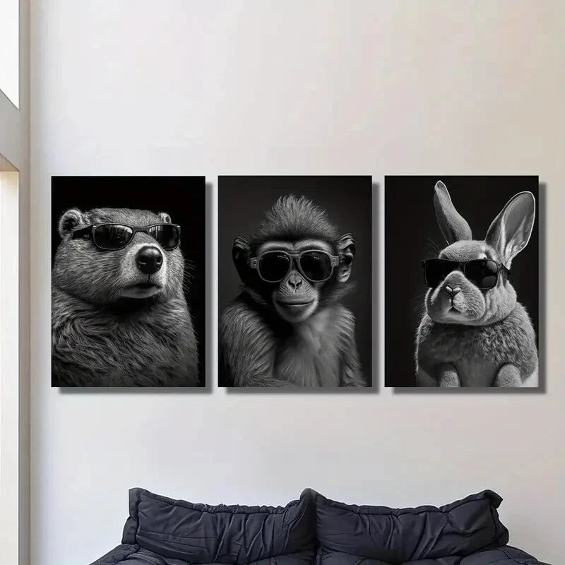3-Piece Animal Art Prints - Beaver, Monkey & Rabbit Metal Wall Decor - Ready to Hang - Perfect for Living Room, Bedroom & Office Decor