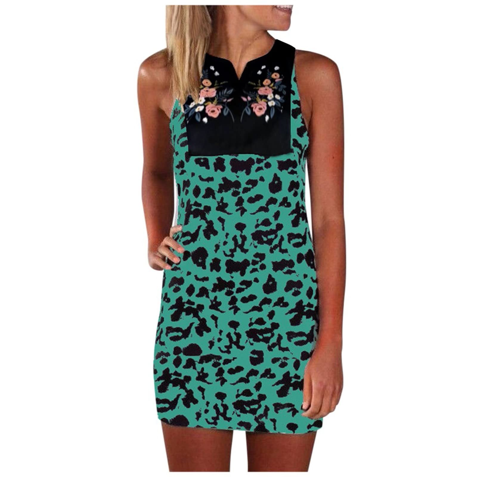 Women's Summer Trendy Split Neck Leopard Print Sleeveless Mini Dress - Casual Slim Fit Beach Vacation Dress for Pool Party, Date Night & Tropical Getaways