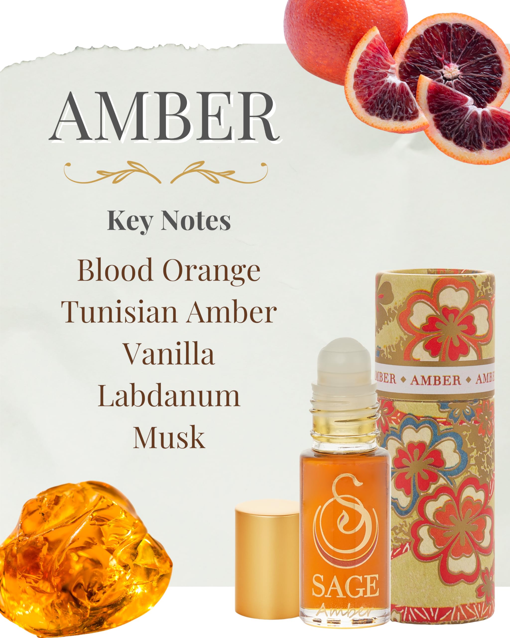 Sage Amber Perfume Oil Roll-On - 1/8 oz Vegan & Cruelty-Free with Earthy Scent of Amber, Blood Orange & Musk | Natural Fragrance for Women & Men, Daily Wear & Special Occasions