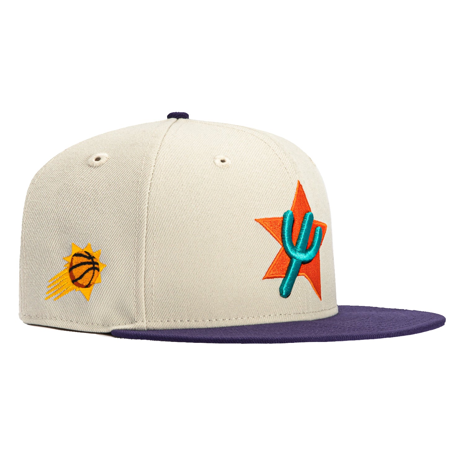 New Era 59Fifty Phoenix Suns NBA Logo Patch Alternate City Edition Snapback Hat - Stone & Purple - Perfect for Basketball Games, Streetwear & Suns Fan Gifts