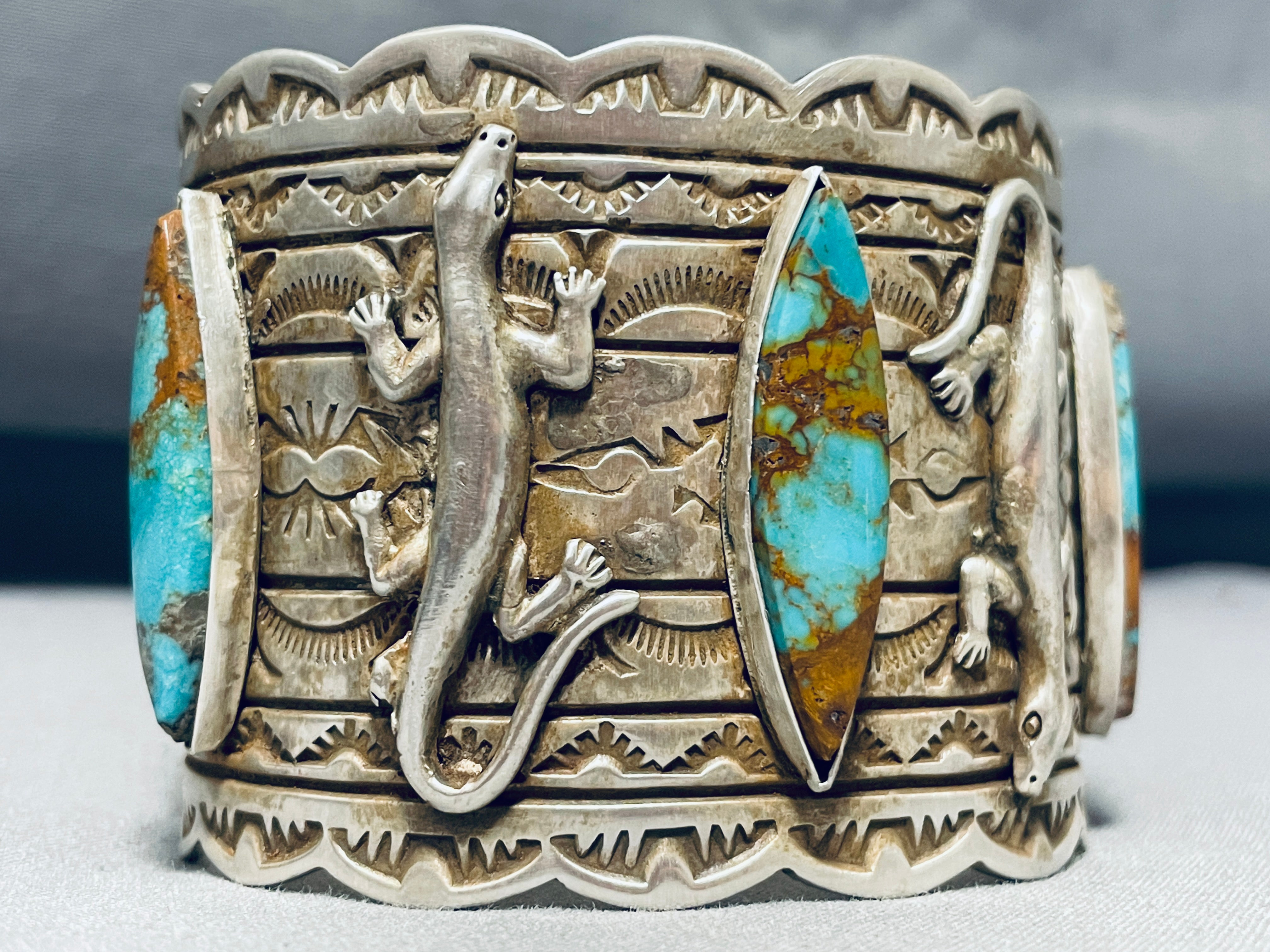 Authentic Navajo Sterling Silver Gecko Bracelet with 100+ Gram Royston Turquoise – Handmade Native American Jewelry for Women, Boho Fashion, Gift Giving & Special Occasions