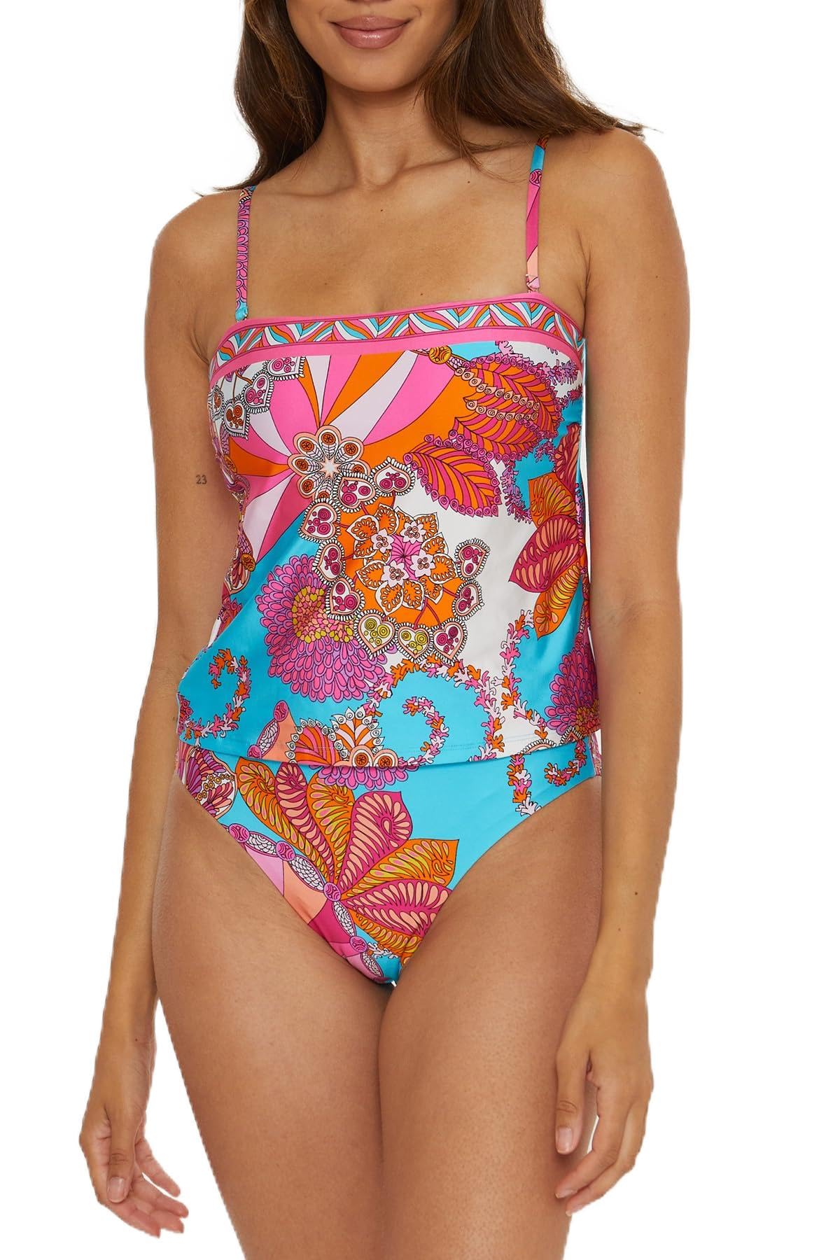 Trina Turk Women's Meilani Adjustable Floral Print Tankini Bikini Top - Swimwear Separates for Beach Vacation & Pool Party