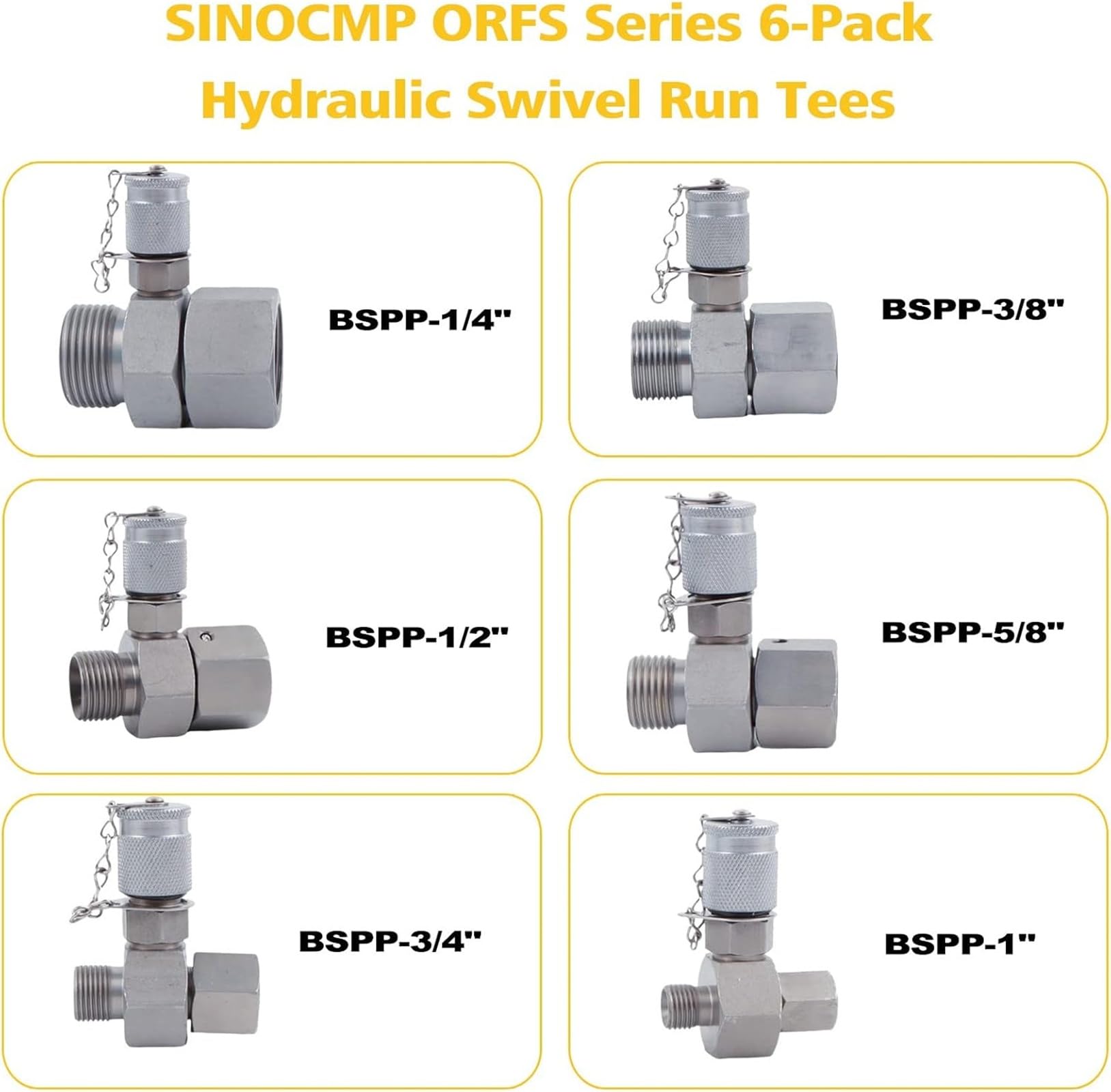 6 Pack BSPP Hydraulic Swivel Tee Fittings - High Pressure Hydraulic Connector Set for Excavator, Construction Equipment & Hydraulic Systems | Durable Couplings for Fluid Transfer, Testing & Maintenance