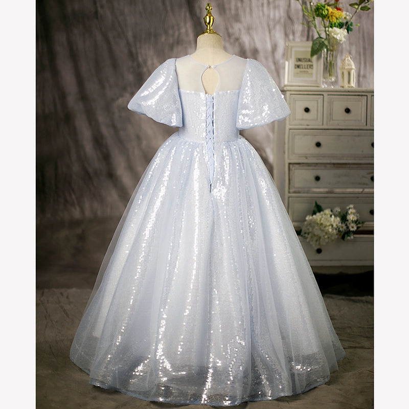 Dusty Blue Princess Round Floor Length Sequined Flower Girl Dress for Weddings, Pageants & Special Occasions