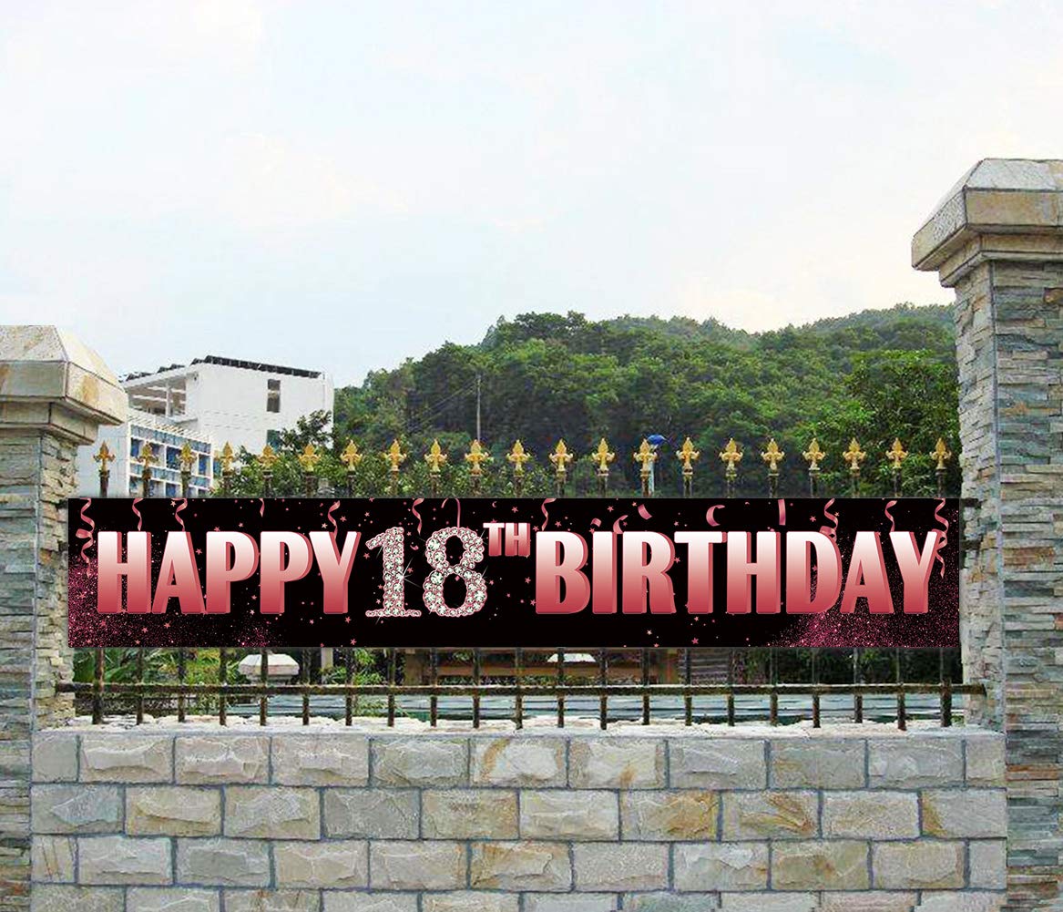 Large 18th Birthday Yard Sign Banner - 9.8 x 1.6 ft Outdoor Happy Birthday Decorations for 18 Years Old Party Supplies in Black Pink & Rose Gold - Perfect for Backyard Celebrations, Graduation Parties & Milestone Events